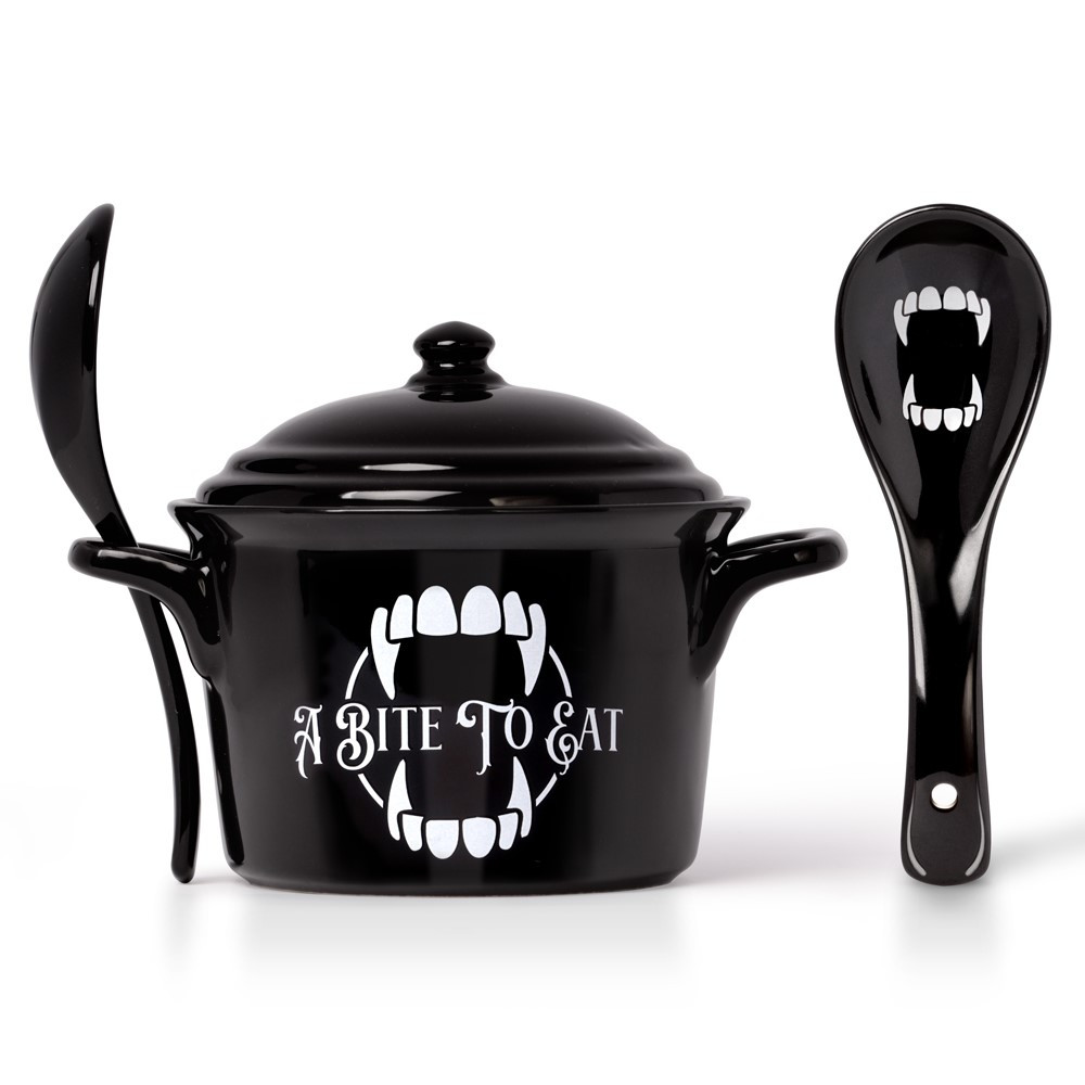 Fancy 'A bite to Eat' .... Would you dare eat from a vampires pot? A unique lidded bowl and spoon set perfect to serve or slurp from!!