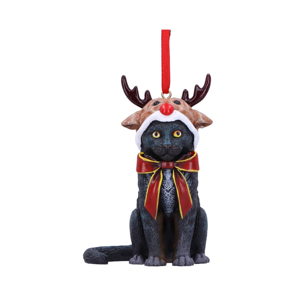 Exclusively available at Nemesis Now is this Reindeer Cat Hanging Ornament, designed by Lisa Parker. A small black cat sits dressed in a quirky little reindeer hat and big red bow around their neck, starring wide eyed ready for some festive treats. Cast in high-quality resin before being expertly hand-painted, this hanging ornament will make the perfect addition to any feline lover.