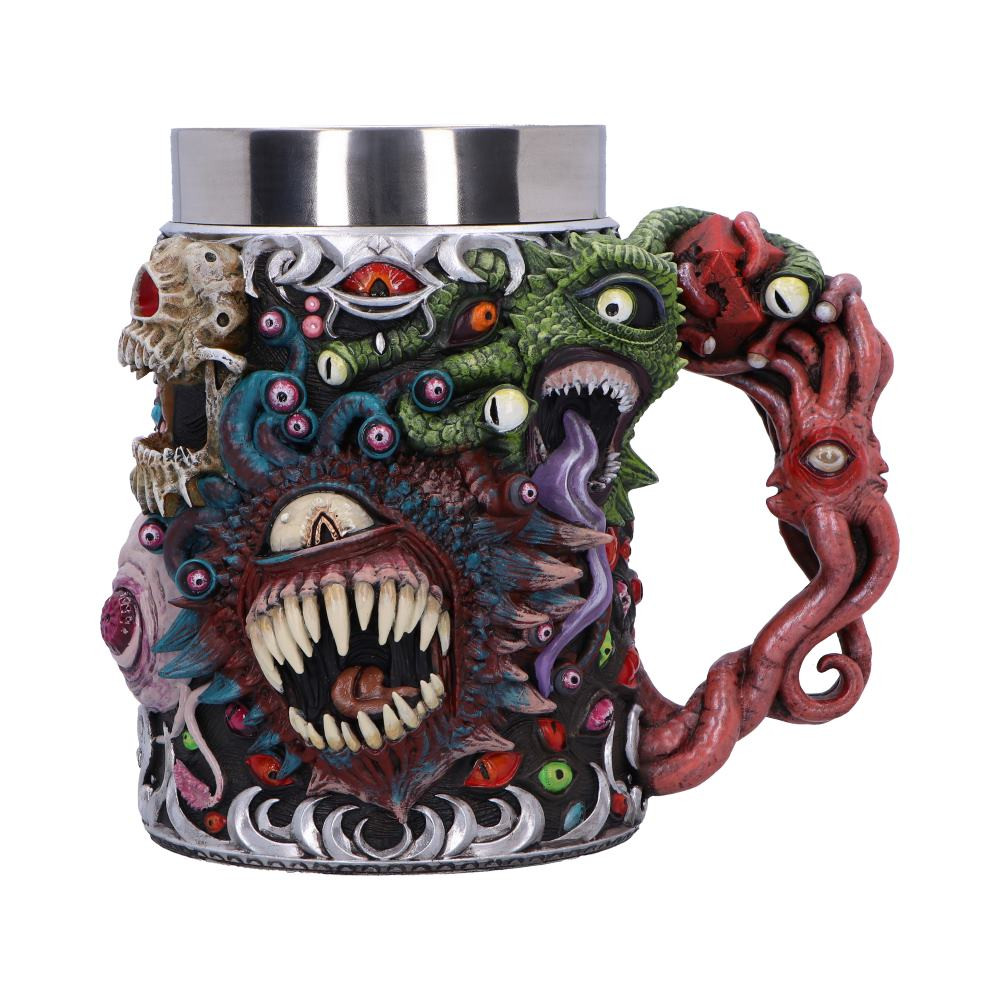 Unleash your inner adventurer with the Dungeons & Dragons Beholder Tankard, an officially licensed piece inspired by one of the most iconic monsters in the iconic fantasy role-playing game. This unique tankard features a vibrant wrap-around design that captures the essence of the Beholder, complete with googly eyes, intricate veins, tentacles, and dagger-like fangs in bold, eye-catching colours. Perfect for enthusiasts of Dungeons & Dragons, this fearsome drinkware piece enhances your gameplay experience. Each tankard comes packaged in a high-quality, 100% recyclable Nemesis Now Dungeons & Dragons branded gift box, making it an ideal present for fellow adventurers. Raise your tankard and toast to your next quest!