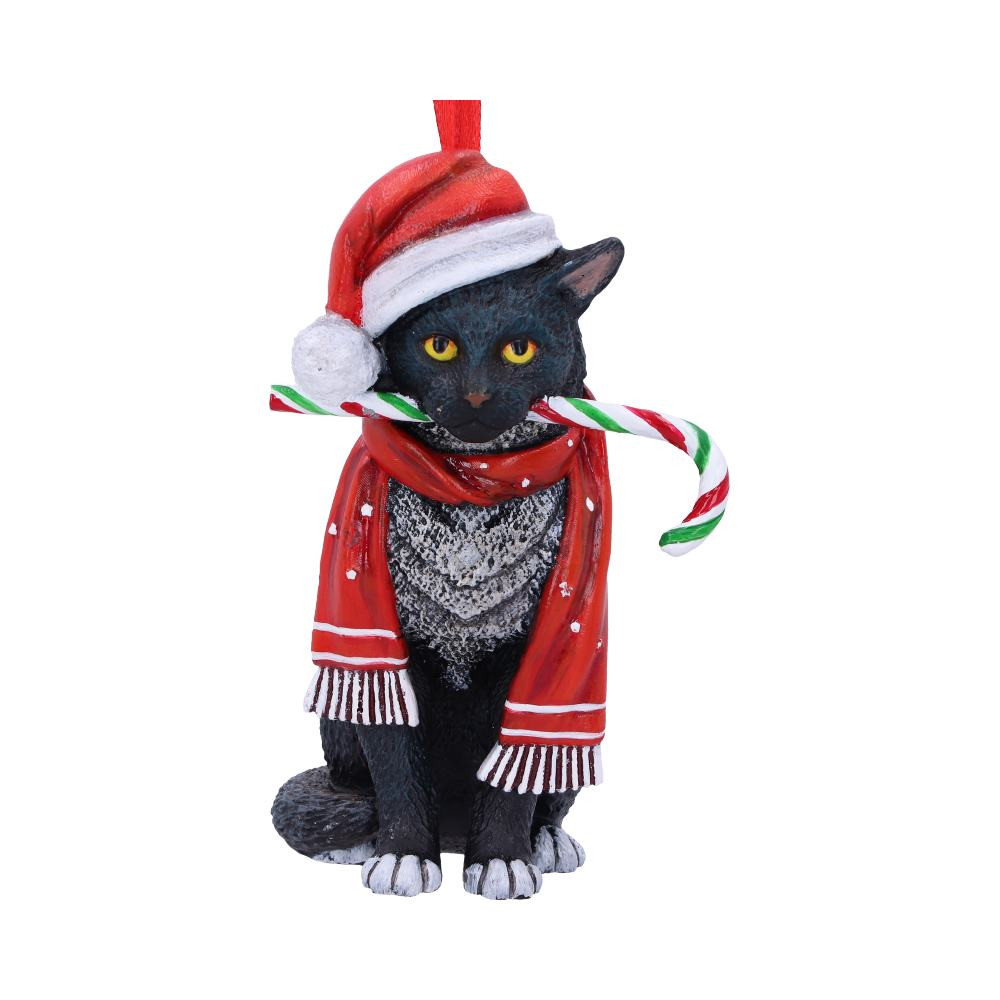 This fantasy Christmas decoration comes from the magical imagination of the talented Lisa Parker. A black cat looks straight ahead with piercing yellow eyes, all while holding a candy cane in its mouth. Dressed in a festive Santa hat and red scarf, this kitty is Christmas-ready. Cast in the finest resin before being painstakingly hand-painted, this hanging ornament is perfect for anyone wanting to add a spot of magic to their Christmas tree.