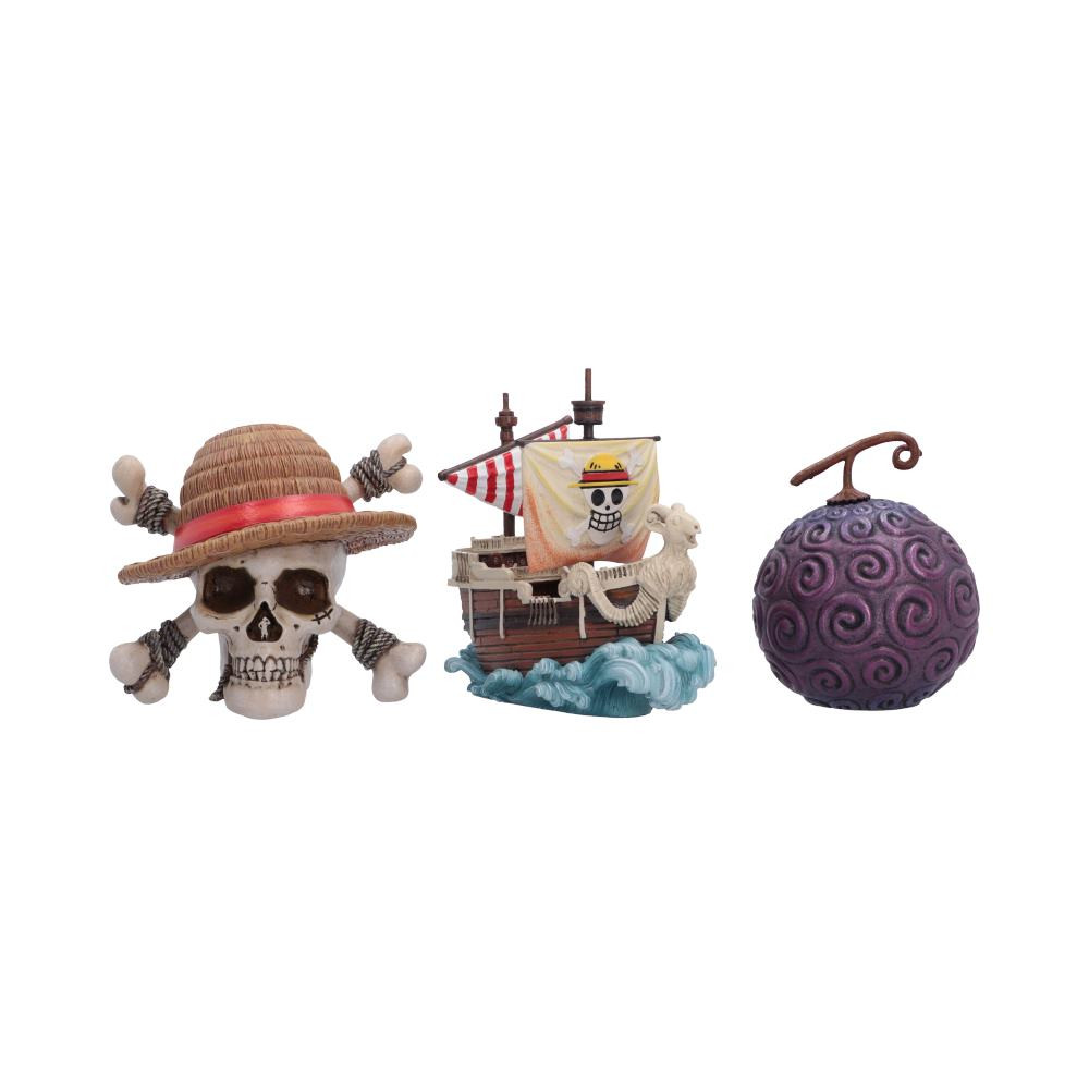 The One Piece First Voyage set from Nemesis Now is an officially licensed collectible piece featuring three iconic symbols from the world of One Piece. Standing at 9.5cm tall, the set includes miniature figurines of the Devil Fruit, Luffy's Jolly Roger, and the beloved Going Merry, each expertly hand-painted in vivid colours. Packaged in an officially licensed display box adorned with original artwork, this set is perfect for fans of the hit Netflix show and gift buyers alike. Whether displayed on a shelf, desk, or alongside a growing collection, it's a fantastic way to celebrate the adventure and spirit of the Straw Hat Pirates.