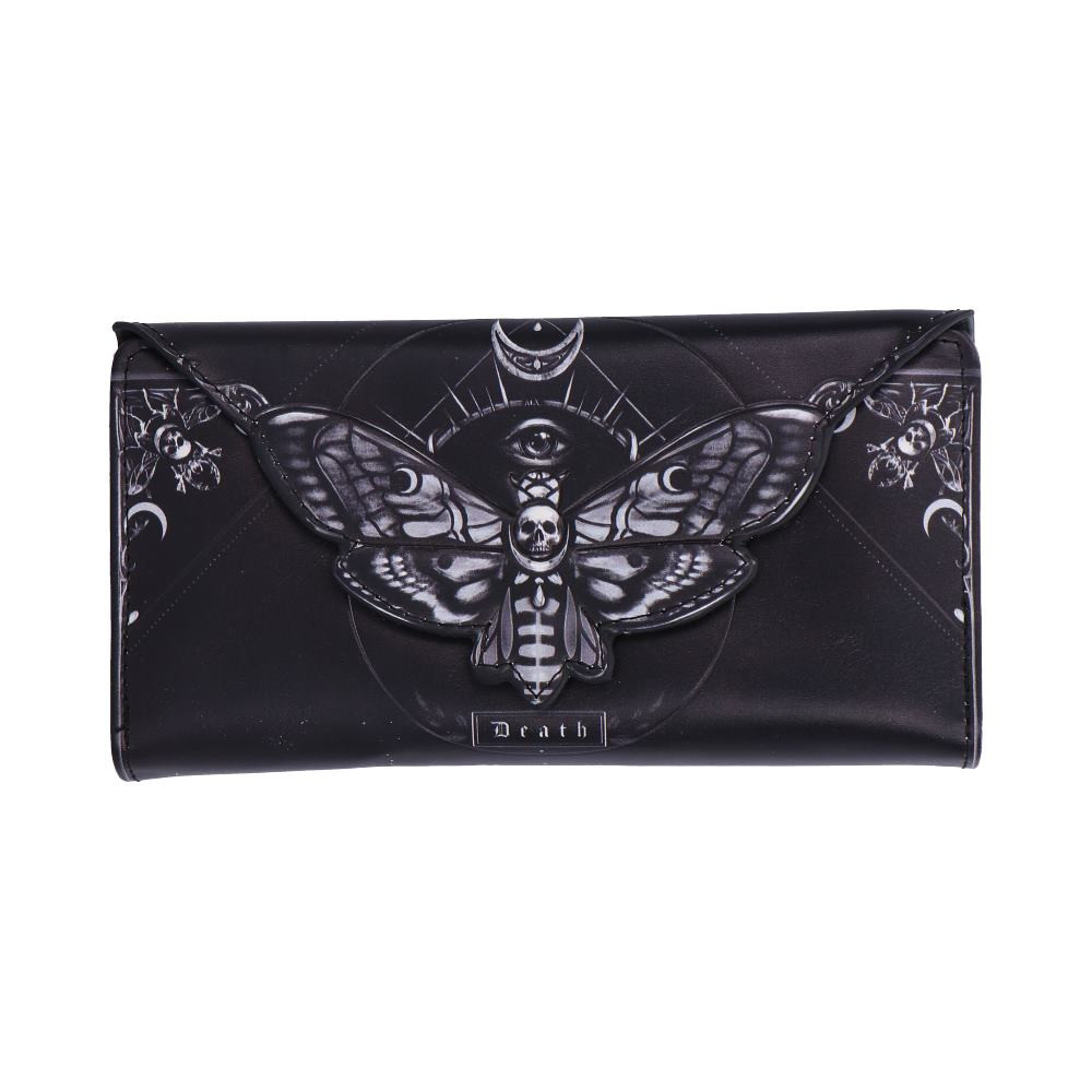 The Death’s Head Moth Embossed Purse is a beautifully dark accessory featuring intricate gothic artwork and the iconic Death’s Head moth motif. Made from durable materials, it includes a secure zip-around closure, multiple card slots, and a zipped coin compartment for everyday use. Packaged in a protective polybag, it's perfect for adding to your collection. Ideal for fans of gothic fashion, symbolic designs, and unique statement pieces, this purse is a bold way to carry your essentials with style and edge.