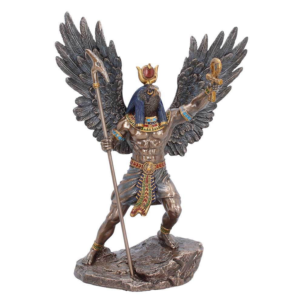 The Ra God of the Sun Figurine is a powerful representation of the ancient Egyptian sun deity, shown standing in a commanding pose with detailed wings, a ceremonial staff, and his hand raised high. Finished in a rich bronze tone with coloured accents, the figurine features detailing throughout and stands securely on a sturdy base. Carefully packaged for safe delivery, it’s perfect for mythology enthusiasts, spiritual collectors, or fans of ancient Egyptian culture. Add a bold symbol of strength and illumination to your space with this striking piece.