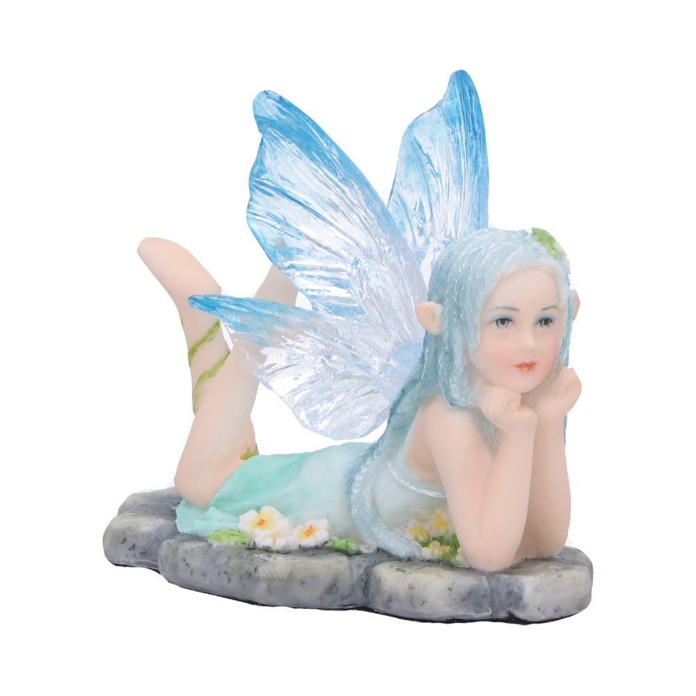 Amelia – The Enchanting Ice Fairy Amelia is a delicate and whimsical ice fairy, embodying the serene beauty and tranquility of winter. Resting gracefully atop a rock, surrounded by vibrant flowers, her translucent icy wings shimmer with a magical glow, capturing the essence of the season’s stillness and wonder. Dressed in a soft, icy-colored gown that perfectly matches her frosty eyes, Amelia radiates a calming, mystical aura. Her legs are playfully pointed skyward as she rests on her elbows, leaning gently against the rock beneath her. A vine gracefully wraps around her left leg, adding a natural touch of elegance, while flowers woven into her hair mirror the vibrant blooms surrounding her, creating a harmonious bond with nature. Hand-painted with meticulous attention to detail, this figurine brings a whimsical and peaceful atmosphere to any space. Whether for collectors of fairies, nature-inspired décor enthusiasts, or those enchanted by the magical world of ice, Amelia is a perfect addition to your collection or a charming gift for someone special.