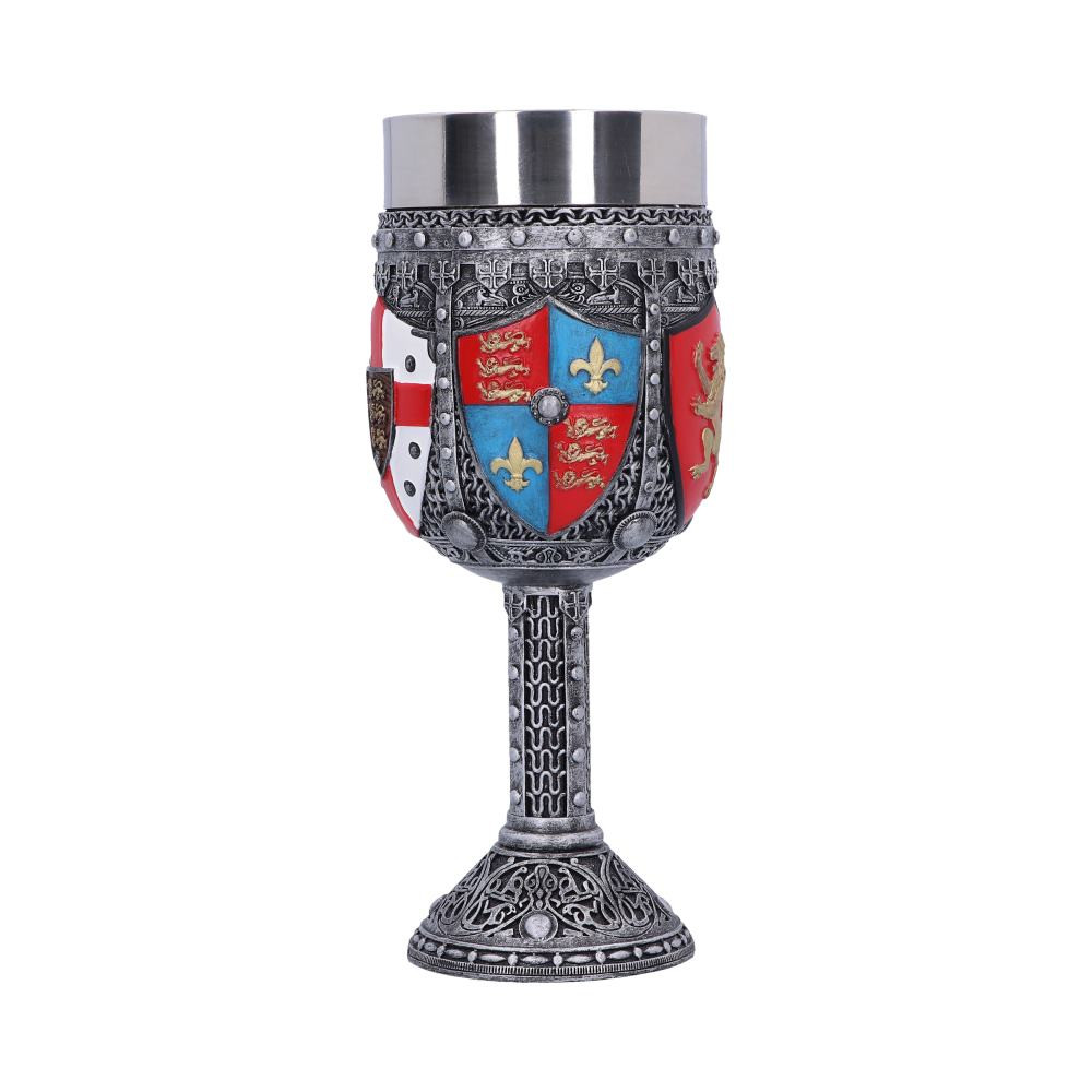 Drink to your health with 1000 years of proud English history with this sturdy goblet, created by Nemesis Now. Cast in the finest resin, this high-quality goblet is painstakingly hand painted to look armoured, with rivets holding chainmail in place. The body of the goblet is emblazoned with shields bearing heraldic designs, such as the cross of St. George, the royal arms of Henry IV, or 3 lions, leaving no doubt as to the heritage invoked. With a removable stainless steel insert for ease of cleaning, this goblet makes a perfect gift for anyone proud of their English heritage.