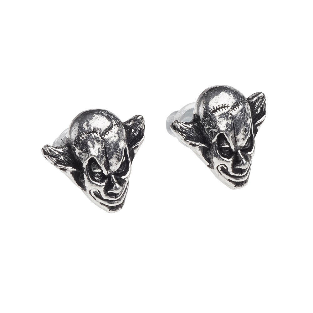 Not for the coulrophobic! The malevolent mien of a fiendish friend. Relief modelled Evil Clown's head ear-studs.