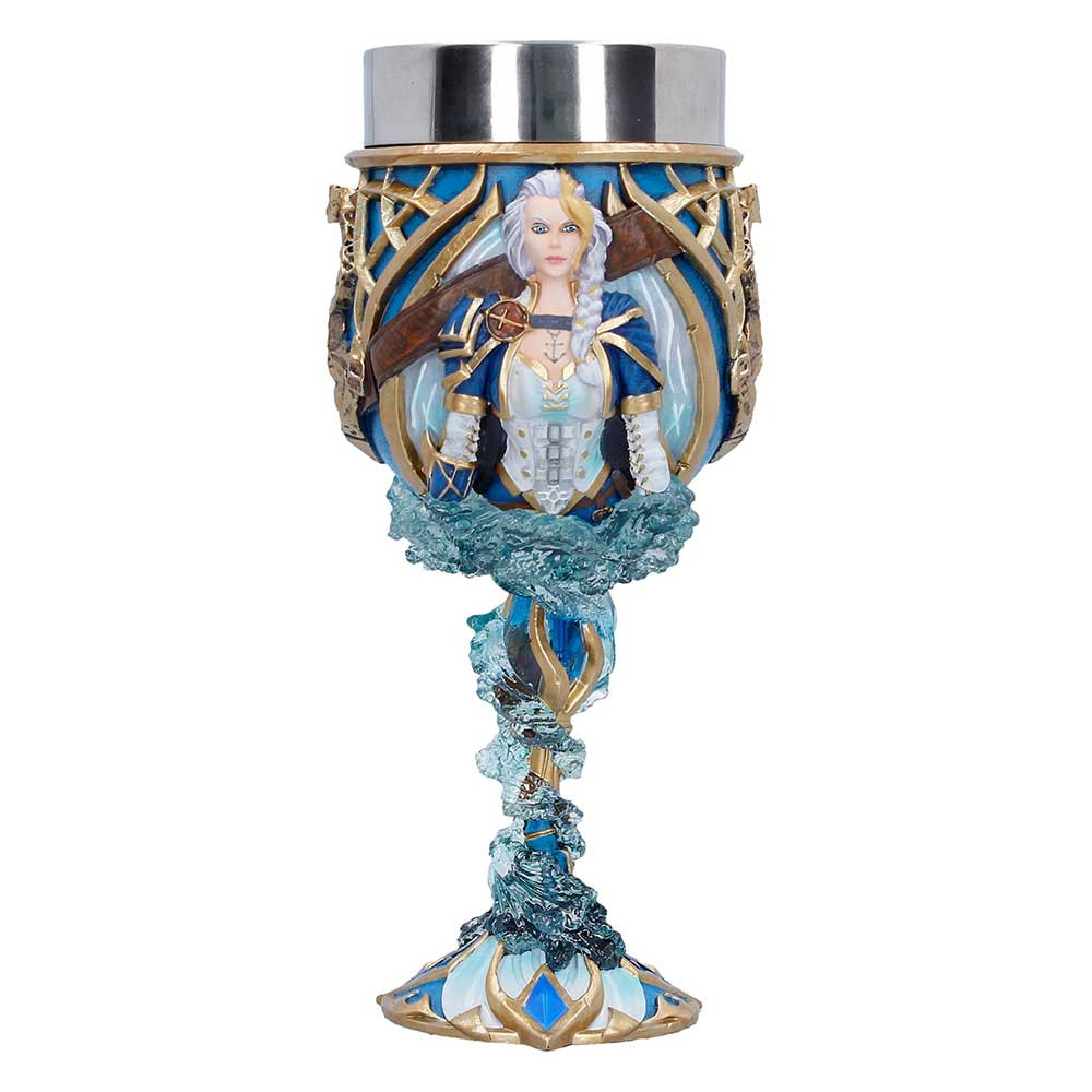 The World of Warcraft Jaina Proudmoore Goblet is an officially licensed collectible from Nemesis Now, celebrating the powerful sorceress of the Alliance. Cast in high-quality resin and expertly hand-painted, it features an elegant blue and gold colour scheme, translucent frost detail around the handle, and a striking portrait of Jaina on the front. Packaged in a branded World of Warcraft box, it’s perfect for gifting, displaying, or adding to any fan’s collection. Whether you're a seasoned adventurer or a proud Alliance supporter, this goblet brings a touch of magic to your world.