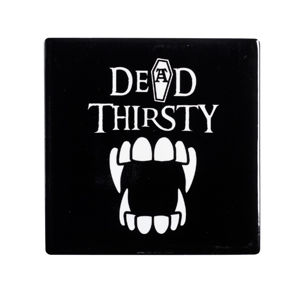This is a darkly fun coaster with vampire teeth design and the words 'Dead Thirsty' There is also a new mug available with the same design product code: ALMUG10. There are 17, unique Alchemy designed coasters, why not collect them all!