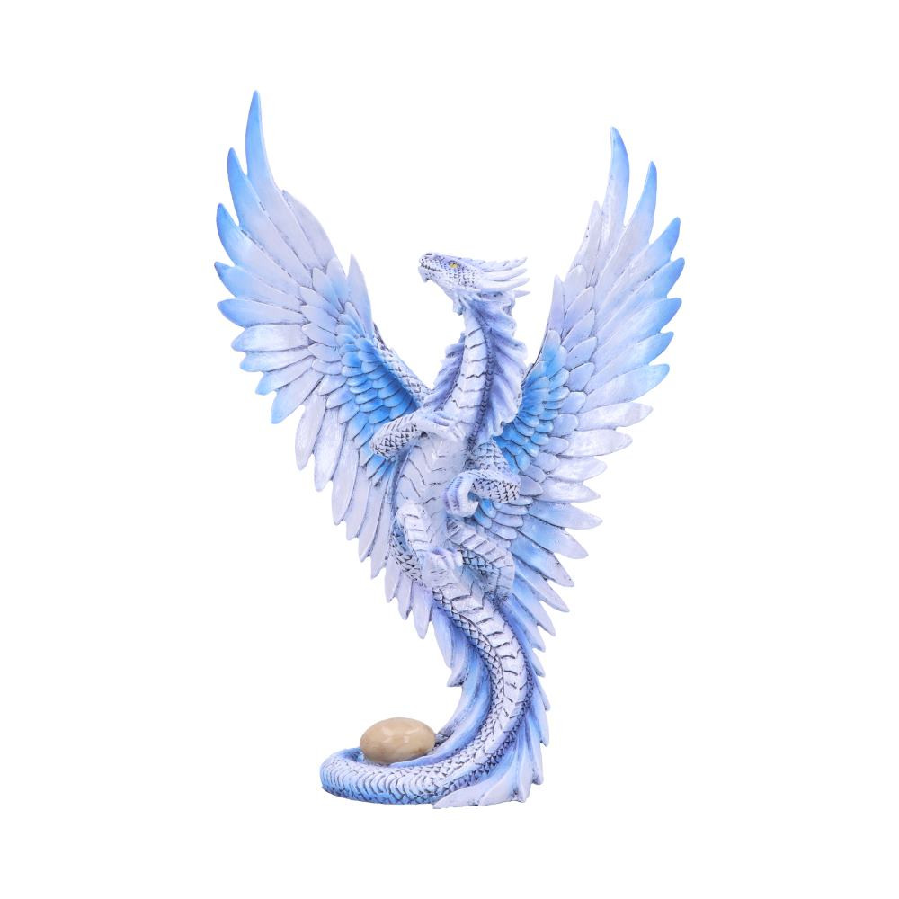 From Gothic and Fantasy artist Anne Stokes comes the Age of Dragons range. The figurine depicts the adult Silver Dragon as she wraps her tail tightly around her egg, seemingly eager to soar into the moonlit sky. The scales on her wings look more like feathers as she raises them high into the sky, reflecting the bright white moonlight above. Cast in the finest resin before being hand-painted, this product is perfect for any Dragon enthusiast.