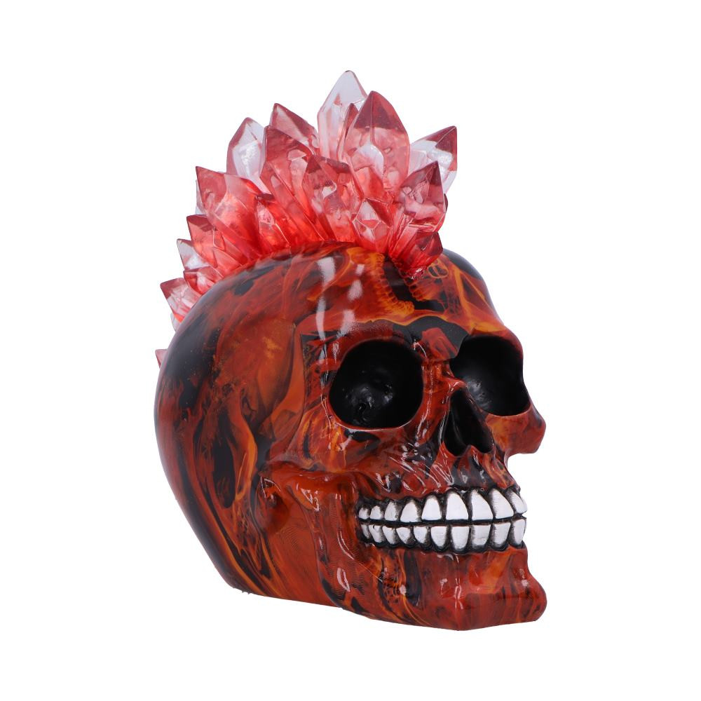 This Infernal Crystal Skull is a bold LED light-up ornament, featuring a striking red, orange, and black flame effect. The clear red resin mohawk glows when illuminated, adding an eye-catching fiery touch. Batteries included for immediate display. A perfect choice for alternative décor fans, gothic collectors, and statement-piece lovers.