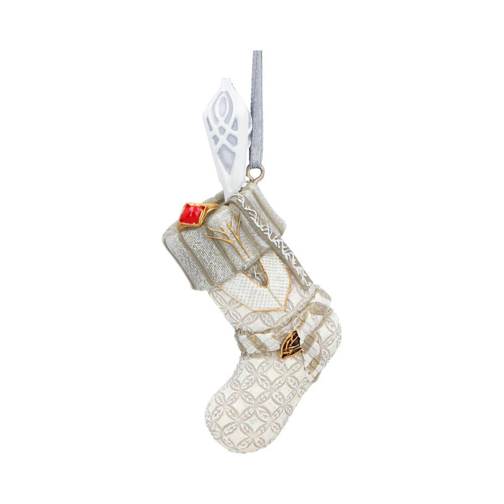 The Lord of the Rings Gandalf the White Stocking Hanging Ornament is a charming festive decoration inspired by the iconic wizard. Featuring a detailed hand-painted design and a string hanging loop, this durable resin stocking captures Gandalf's white robes and staff in elegant holiday style. Packaged in a branded gift box, it's perfect for Tolkien fans, fantasy lovers, and anyone wanting to add a magical touch to their Christmas decor. Bring the spirit of Middle-earth to your celebrations with this enchanting ornament.