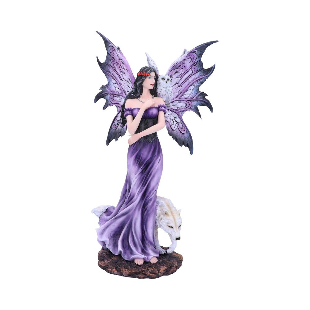 This beautiful piece would make a welcome addition to any Fairy display. A large blonde-haired Fairy stands wearing a blue floor-length strapless ball gown. She picks at her pearl necklace with her right hand as she looks off into the distance with her snowy owl companion perched on her shoulder. At the Fairy's feet lurks a white wolf, providing a reassuring presence to her protector. Cast in the finest resin before being hand-painted, this piece would make the perfect gift for anyone wanting to add a little magic into their life.