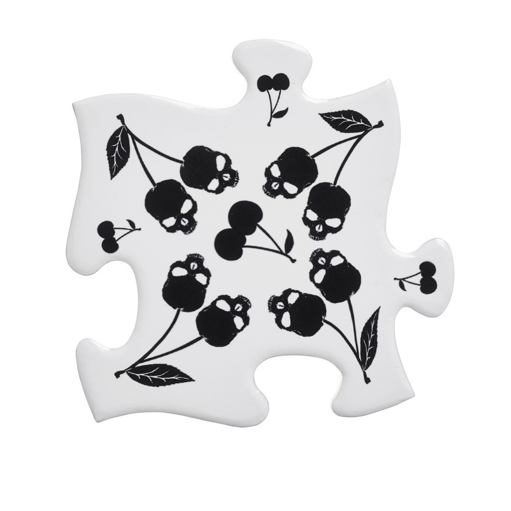 Black cherries or black skulls? You decide! This uniquely designed 4 piece coaster set can be used as individual drinks coasters or joined together as a heatproof surface for a larger items, such as hot pans or dishes. This jigsaw set would make a fabulously unique gift for a friend or look stunning in your own home!