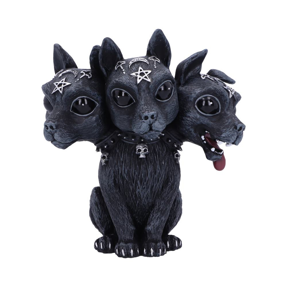 From the bewitching minds of Nemesis Now's in-house design team comes this adorable, triple-headed, Diabarkus the Cerberus figurine. This strange creature is the union of good and evil. As you look into its black eyes you notice that all is not as it seems, darkness resides within. Featuring occult symbology and ornate silver detailing, this hound sits proud and on guard, whilst their serpent like tail can be seen wagging behind them. Cast in high-quality resin before being carefully hand-painted, this figurine is likely to be the cutest occultist you've ever seen.