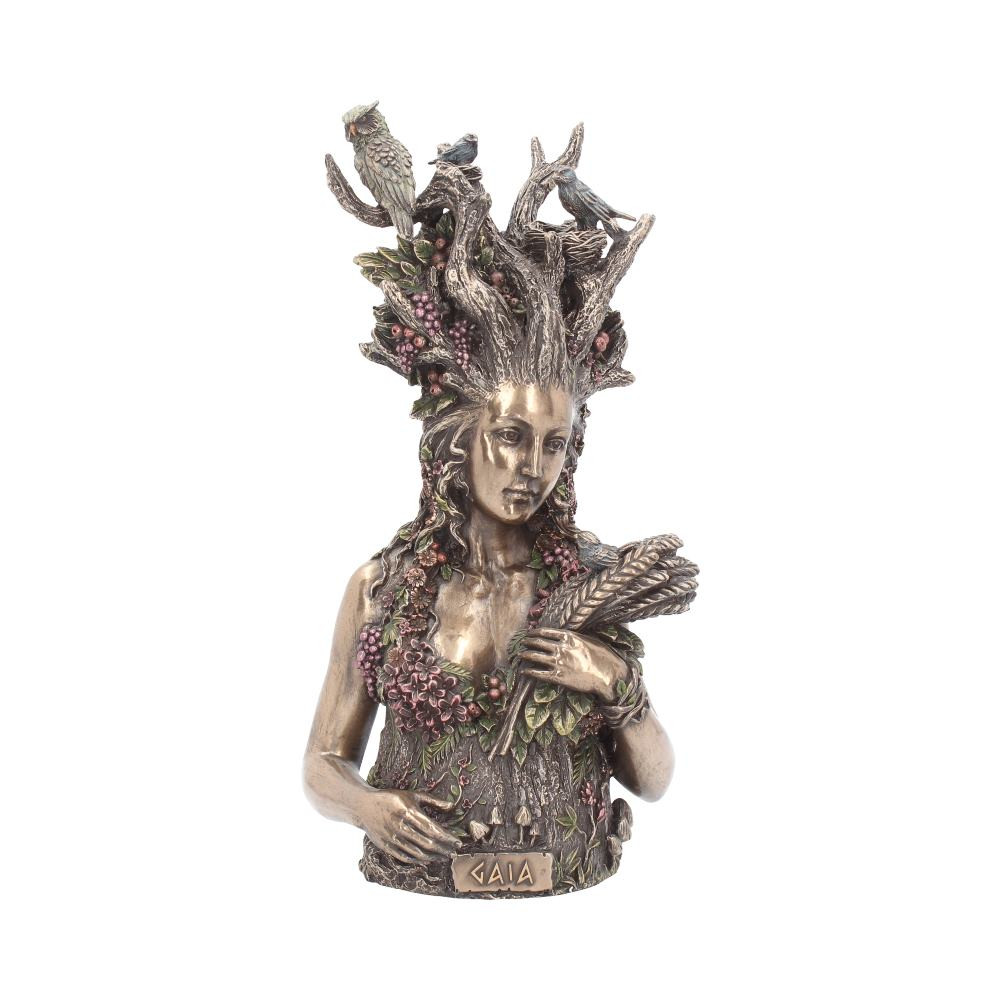 Cast in the finest resin before being given a bronzed finish, this Greek figure comes from alternative brand Nemesis Now's giftware collection. Gaia is the personification of the Earth and one of the Greek primordial deities. She is the ancestral mother of all life: the primal Mother Earth Goddess. Her she can be seen as one with the world, branches growing from her head, torso covered in bark and intricate vines networks. In her left hand, she holds feathers topped by a small butterfly, while birds nestle within her branched mane.