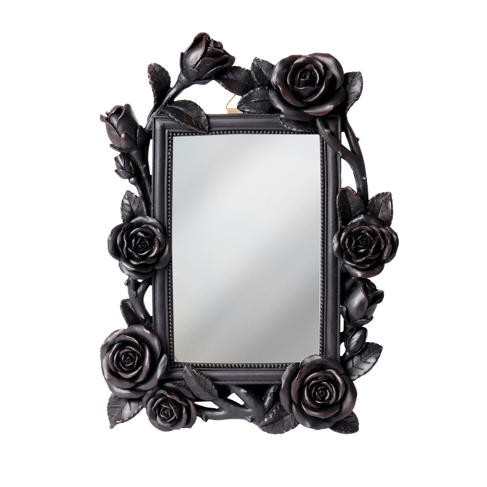 Decorative Rose & Vine mirror in matte black resin with glass front. From the Shades of Alchemy collection. Free-standing or wall mounted.
