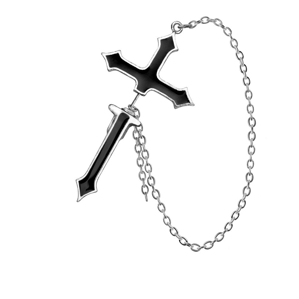 Pierced by the enduring symbol of sacrifice; black-enamelled cross piercing the earlobe, with safety chain and surgical steel post.