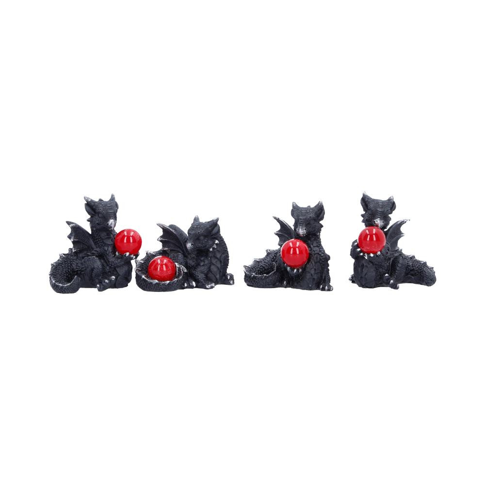 A captivating collection of mini black dragon figurines, each posed uniquely. Expertly cast in resin and hand-painted with care, every dragon holds a vivid red orb that adds a magical touch. Packaged together as a coordinated set, they make a perfect gift or display piece straight out of the box. Ideal for fantasy lovers, dragon collectors, and fans of mystical decor, these figurines are sure to enchant. Add a touch of mythical charm to your space with this beautifully crafted dragon set.