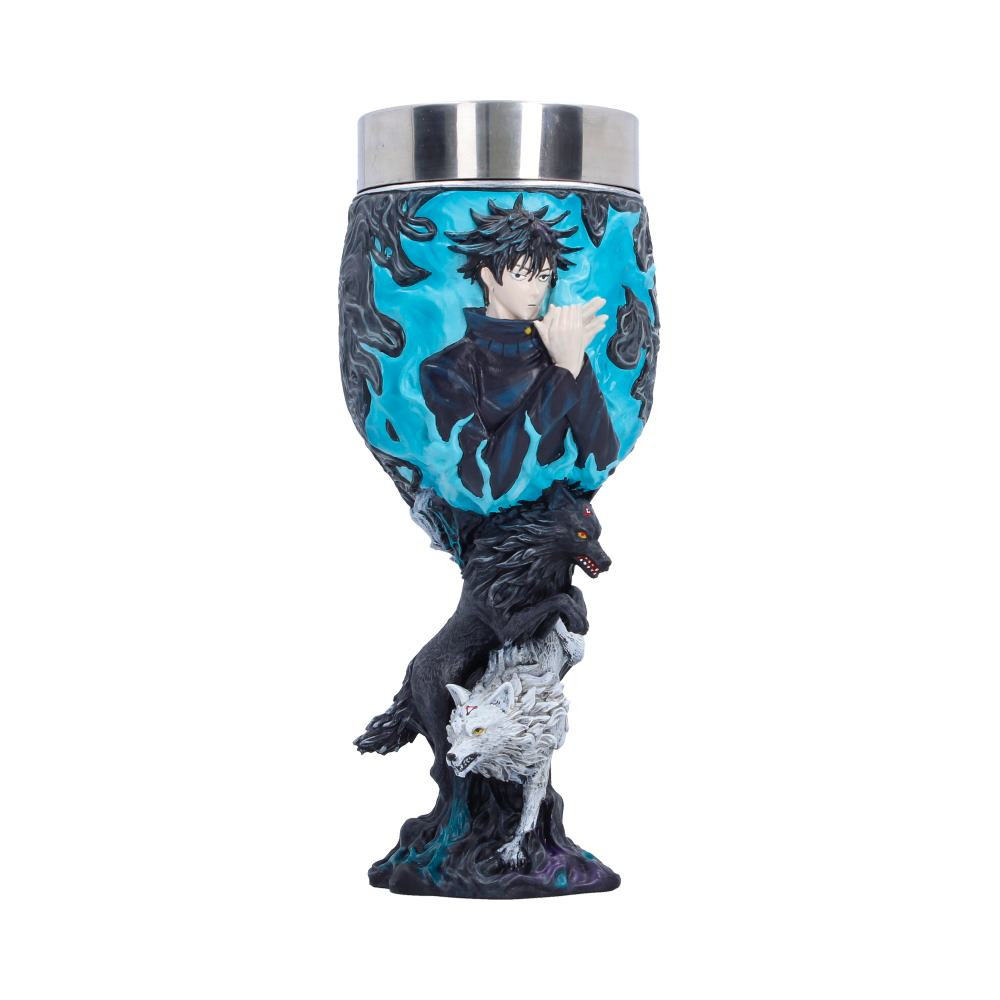 An officially licensed Jujutsu Kaisen Megumi Fushiuro goblet from Nemesis Now, crafted from fine resin and hand-painted with detailed character-inspired artwork. Featuring Megumi’s portrait surrounded by vivid blue energy on the front, a matching energy design with his iconic hand pose emblem on the reverse. The Divine Dogs sculpted into the handle in a jumping formation it captures the essence of the character in striking detail. Packaged in an officially licensed display box, it’s perfect for Jujutsu Kaisen fans, anime collectors, and lovers of unique fantasy-inspired drinkware. Bring a touch of Megumi Fushiguro’s power and presence into your collection with this bold and captivating goblet.
