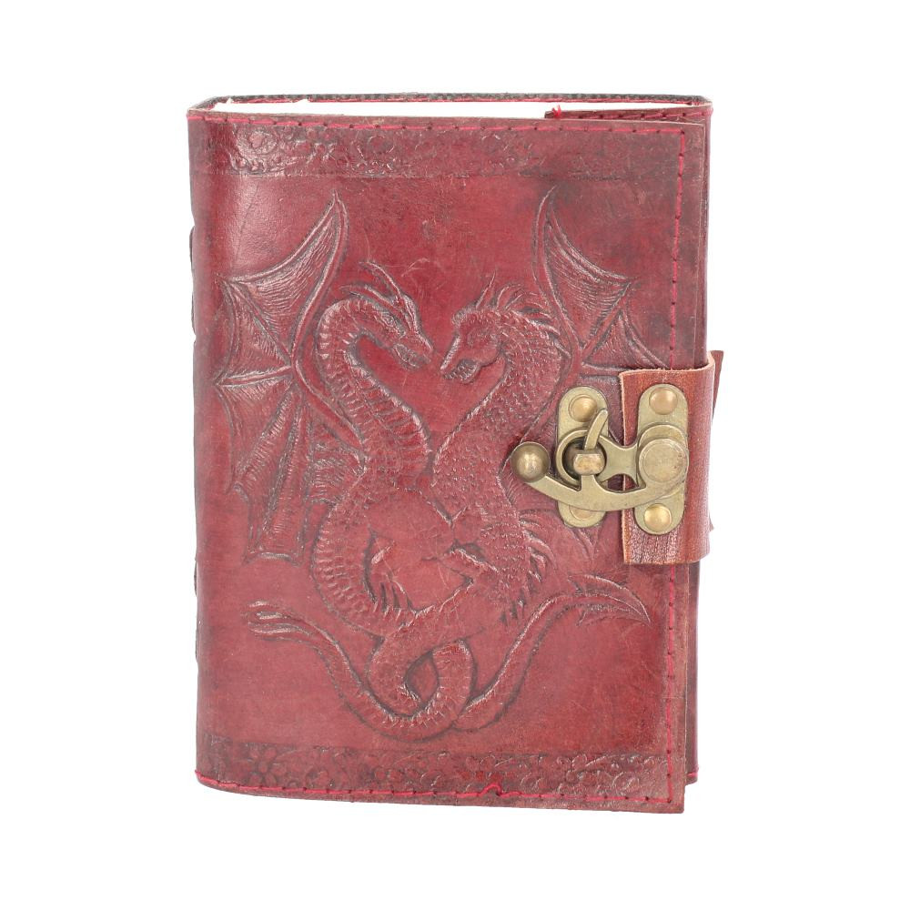 Channel your love of witchcraft with this mystical Leather Journal from alternative brand Nemesis Now's giftware collection. Bound in brown leather, the book comes with one metal clasp, keeping it from falling open unexpectedly. The cover is embossed with the image of two entwined Dragons in the centre and bordered with an intricate floral pattern. Inside, high-quality plain paper gives you the freedom to record your thoughts and dreams unimpeded. Keywords: double, dragon, leather, Dragons, Leather Journals, dragon gift, fantasy decor.