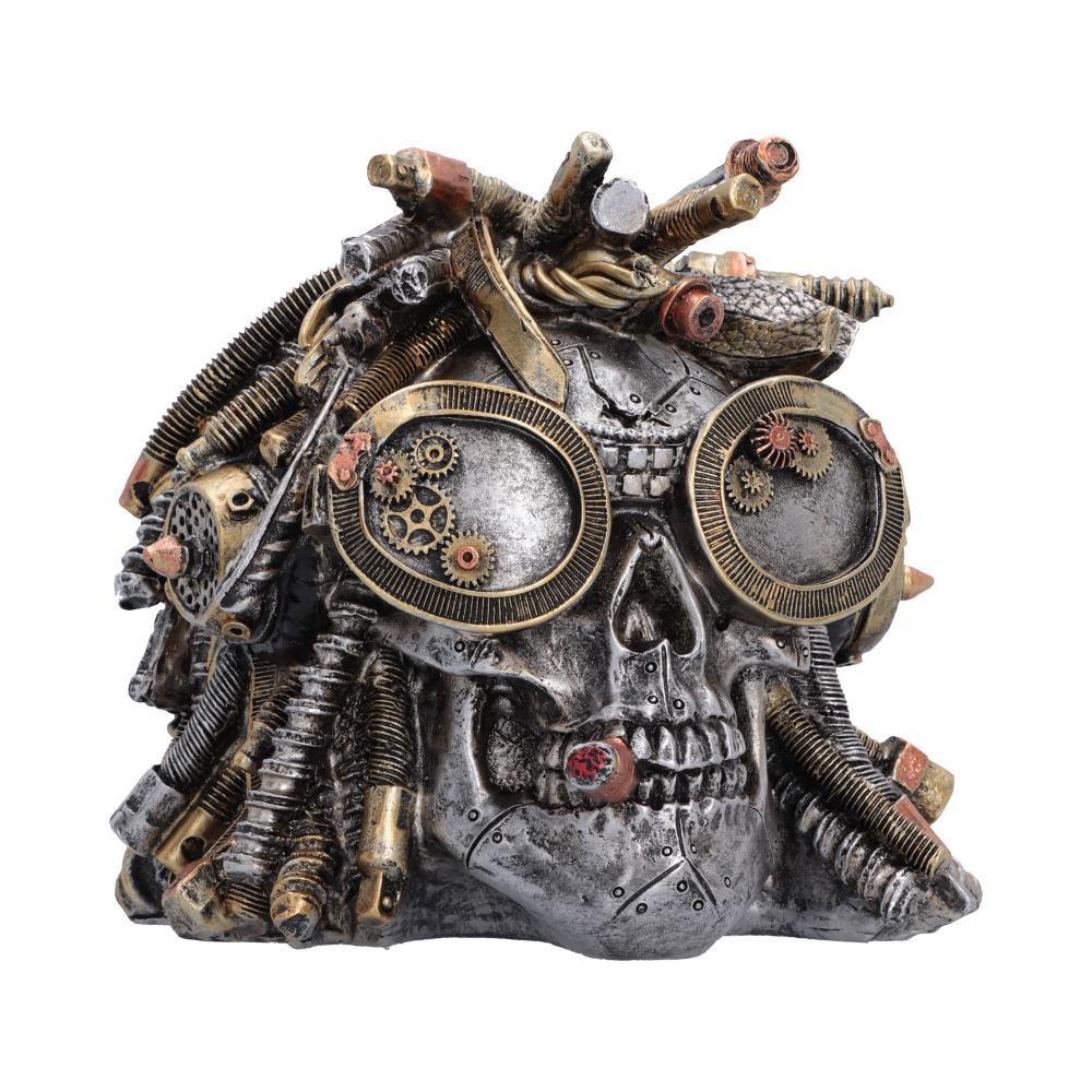 Deadlocked is an original Nemesis Now Steampunk Skull ornament that combines gothic style with intricate mechanical detailing. Its distinctive dreadlocks are crafted from nuts, bolts, bike chains and other industrial elements, while oversized goggles, exposed gears and cogs, and a lit cigarette complete its bold character. Standing at 14.4cm tall, this unique piece is cast in the finest resin and expertly hand-painted in metallic silver, bronze and gold tones. Packaged in a branded Nemesis Now gift box, it makes an ideal gift for steampunk enthusiasts, skull collectors and lovers of alternative home decor. Add Deadlocked to your collection and make a striking statement with this unforgettable fusion.