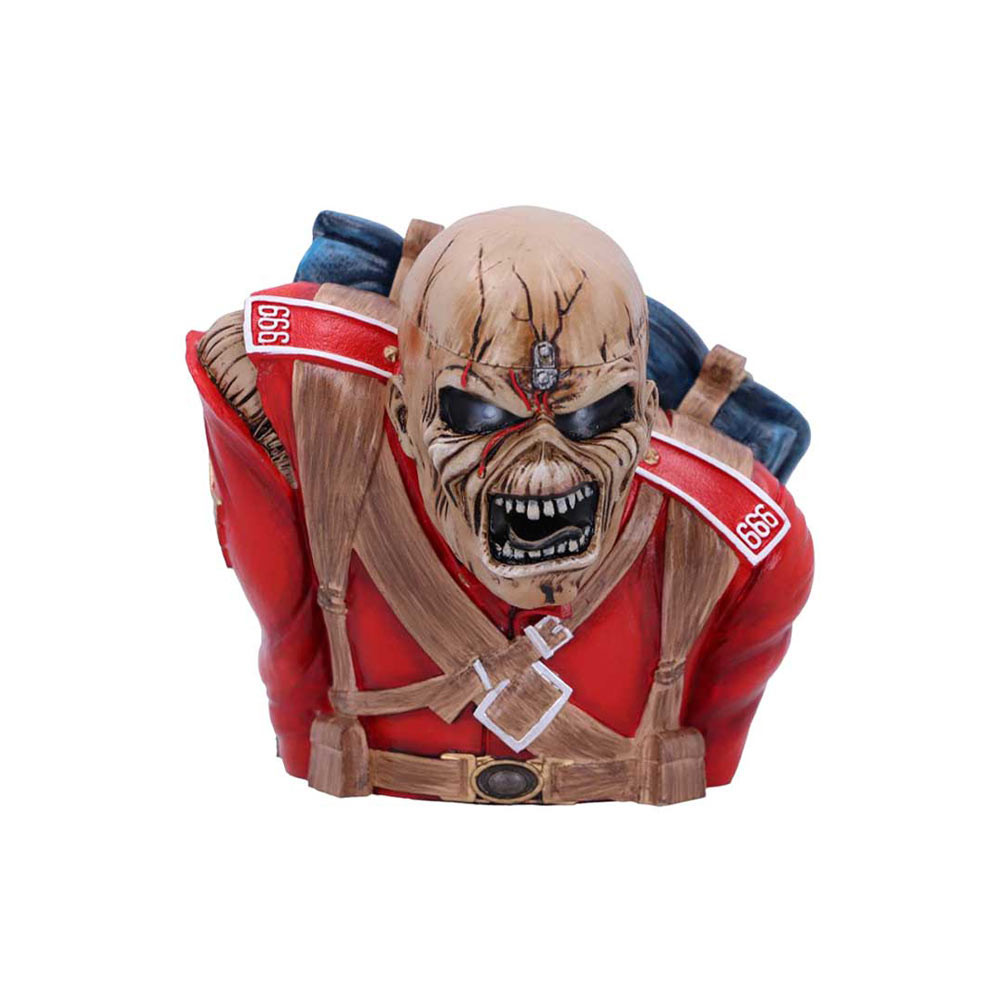 Show your allegiance to the Monsters of Rock with this electrifying and officially licenced Iron Maiden The Trooper Small Bust Box. Featuring the bands music icon Eddie, the trooper as he leans forward with an intimidating stare aimed towards anyone that passes by. With his head functioning as a wicked storage box, this small bust is perfect for keeping your most treasured trinkets safe. Cast in high-quality resin before being carefully hand-painted, this ideal piece of rock memorabilia will bring terror and excitement to any Maiden fan's soul.