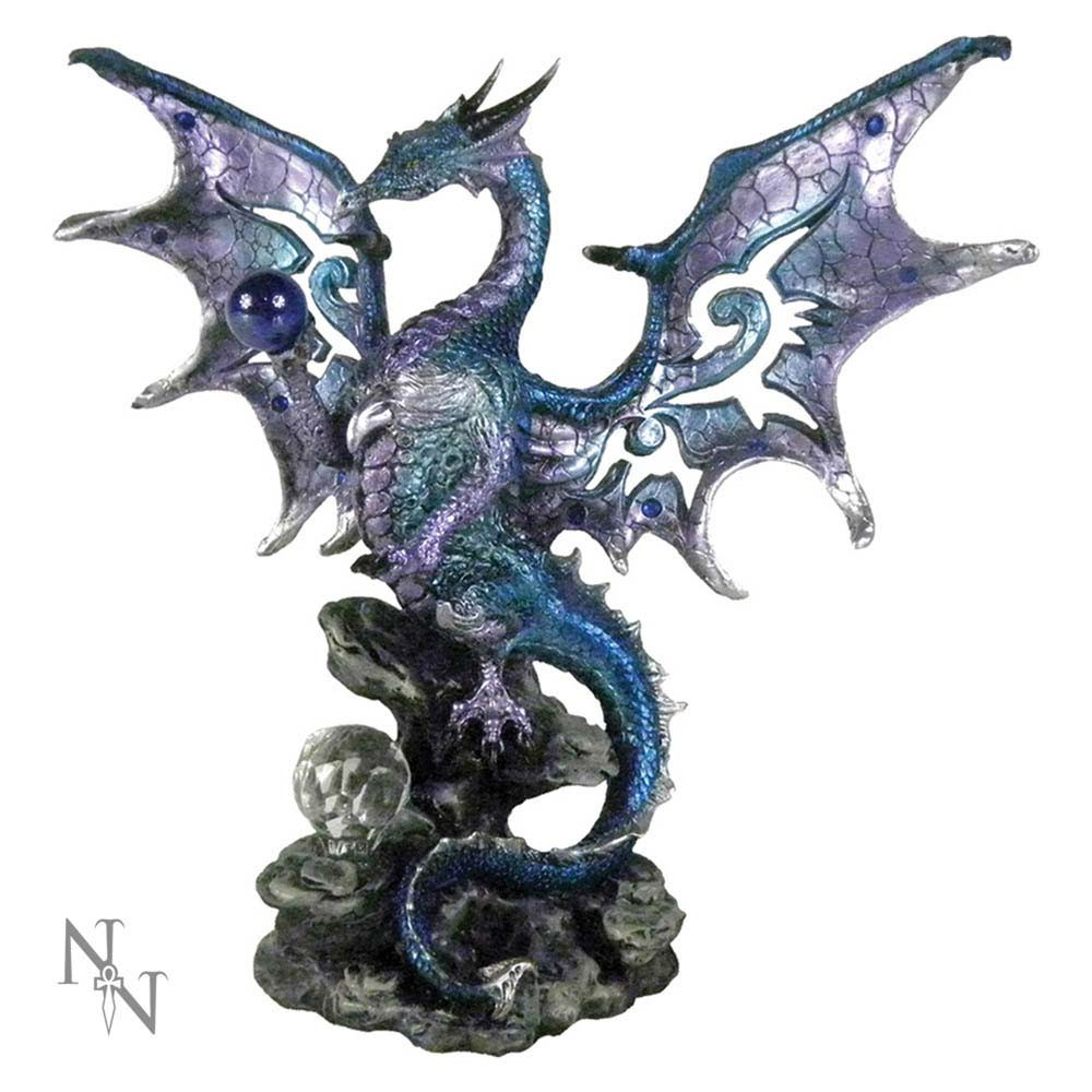 Perched on a black rock, standing upright on its hind legs, this fearsome Dragon is coloured in shimmering blues, greens and purples, their tail curling down below them. In their front right claw they hold a blue crystal orb which they gaze at greedily, another crystal orb on the ground below them. Their wings are outstretched, revealing the intricate patterns cut into them. Mystical and imposing at the same time, this draconic figurine adds a touch of mystery to any mantelpiece.