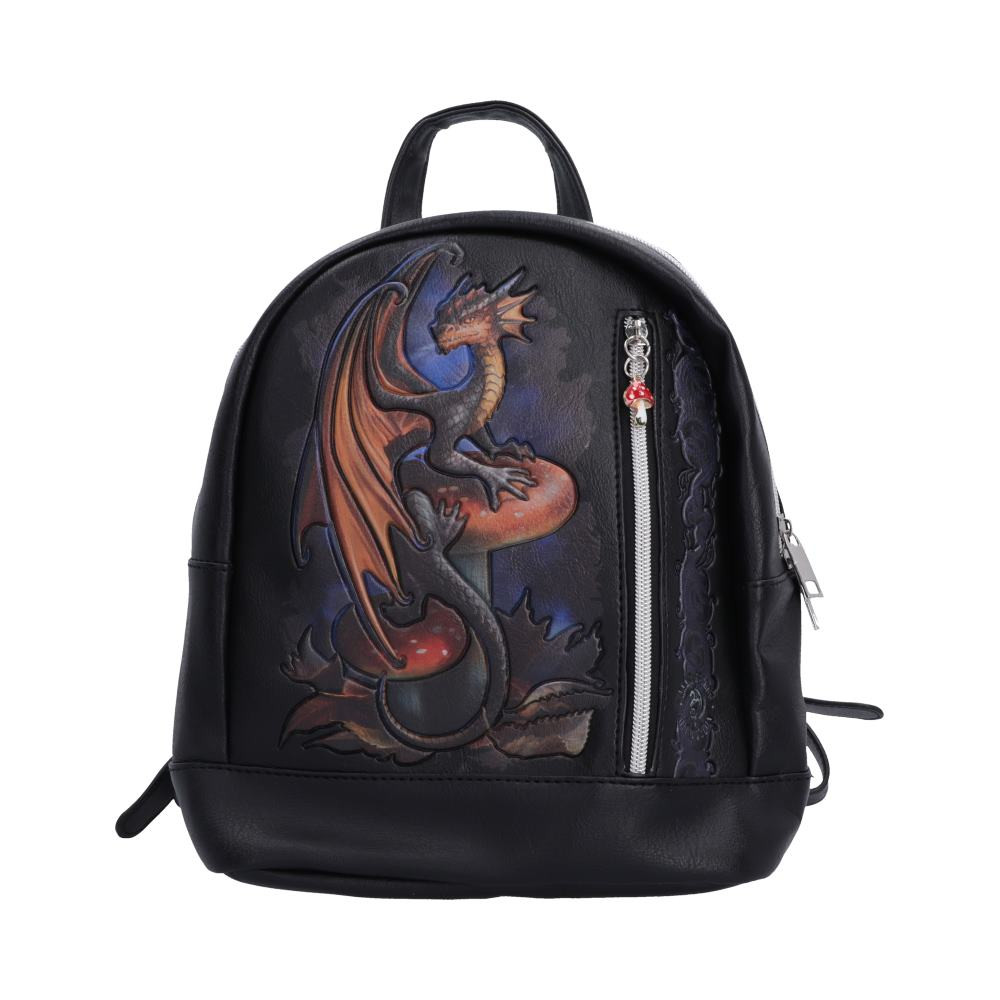The Mushroom Dragon Backpack from Anne Stokes is a striking fantasy accessory featuring a beautifully embossed illustration of a small black and orange dragon atop two detailed mushrooms. Earthy woodland tones, textured leafy ground details, and a mystical blue glow combine to create an enchanting design inspired by magical forest realms. Measuring 33.2cm tall, the backpack includes adjustable shoulder straps and an additional zipped front compartment, complete with a decorative mushroom zipper charm. Packaged within a protective polybag, this backpack is perfect for Anne Stokes collectors, fantasy enthusiasts, dragon lovers, and anyone looking to add a touch of magic to their everyday style. Both practical and eye-catching, it's an enchanting companion for adventures big and small.