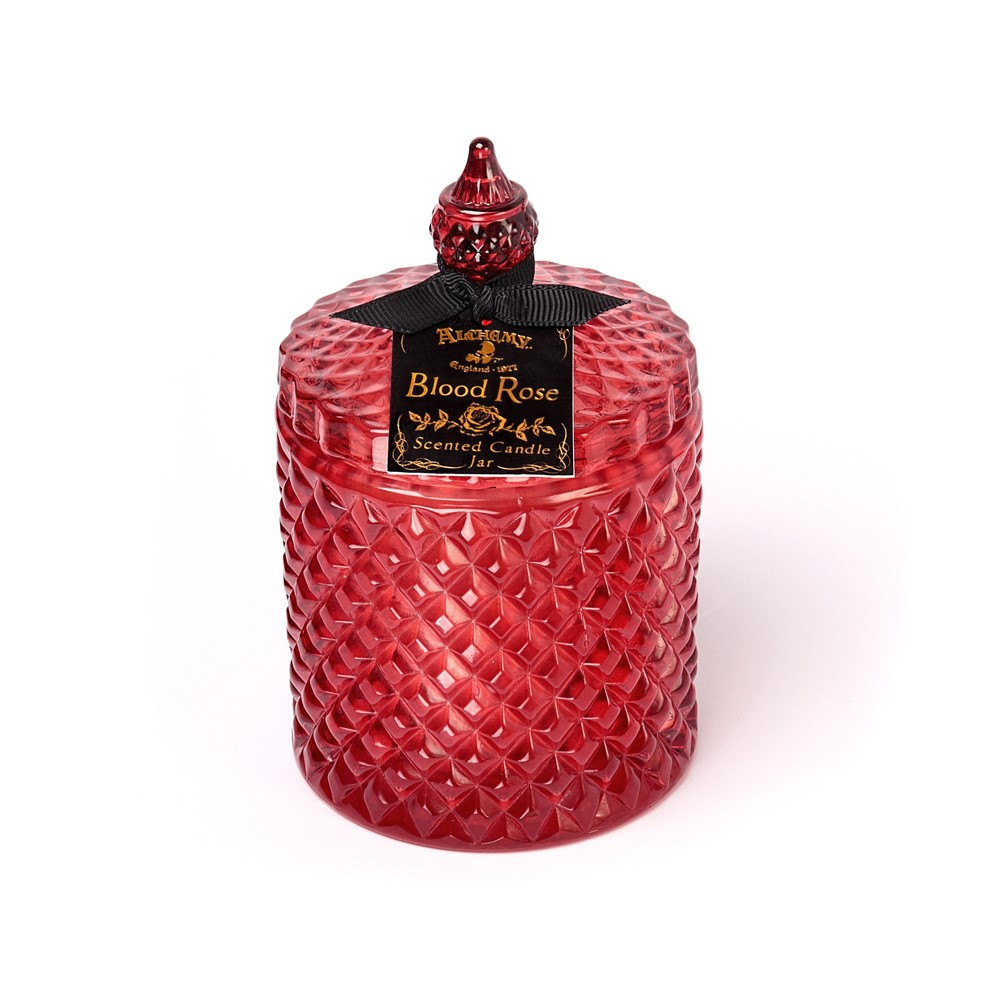 A blood rose red, vintage inspired, lidded candle jar. Encapsulating a sensual scented candle. Light the candle and the dark sensual aroma of the 'Blood Rose' will envelop your boudoir! Once the candle has burnt, this stunning, cut glass effect, jar can then be used to keep safe your trinkets and treasures!