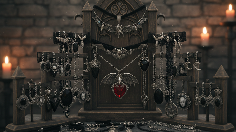 Eye-level view of a display stand with gothic necklaces and pendants
