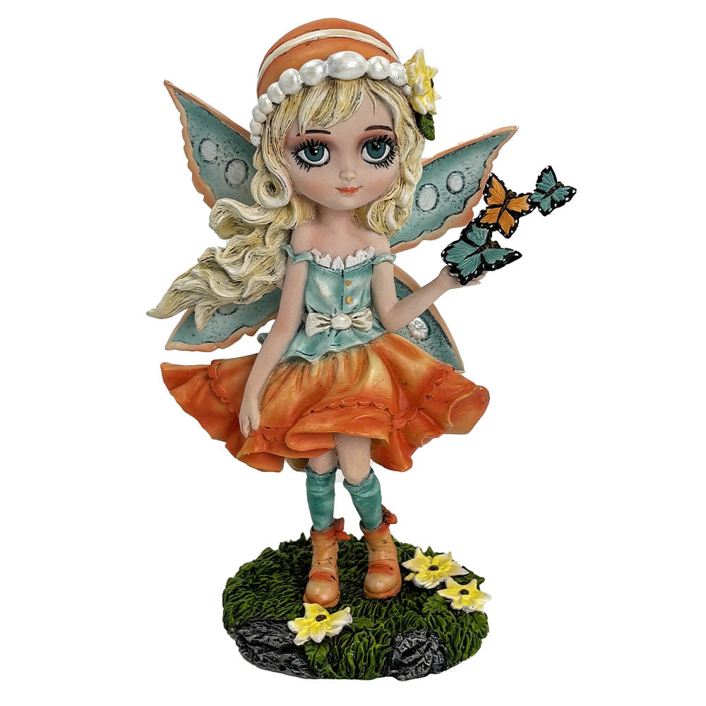 Summer Fae – A Radiant, Summer-Inspired Fairy Full of Life, Color, and the Magic of Nature's Bloom Summer Fae embodies the warmth and joy of the summer season, standing gracefully atop a patch of grass surrounded by blooming yellow flowers. Her attire captures the essence of summer, with vibrant shades of orange and aqua, including orange boots, a flowing aqua top, and a skirt that glows with fiery yellows and oranges. With a whimsical orange hat and delicate butterflies in her hand, Summer Fae's flowing blonde hair and radiant wings enhance her enchanting beauty. Her piercing blue eyes and bright orange lips contrast beautifully with her golden aura. Perfect for collectors of nature-inspired or summer-themed décor, Summer Fae brings the magic of the season to life in any collection.