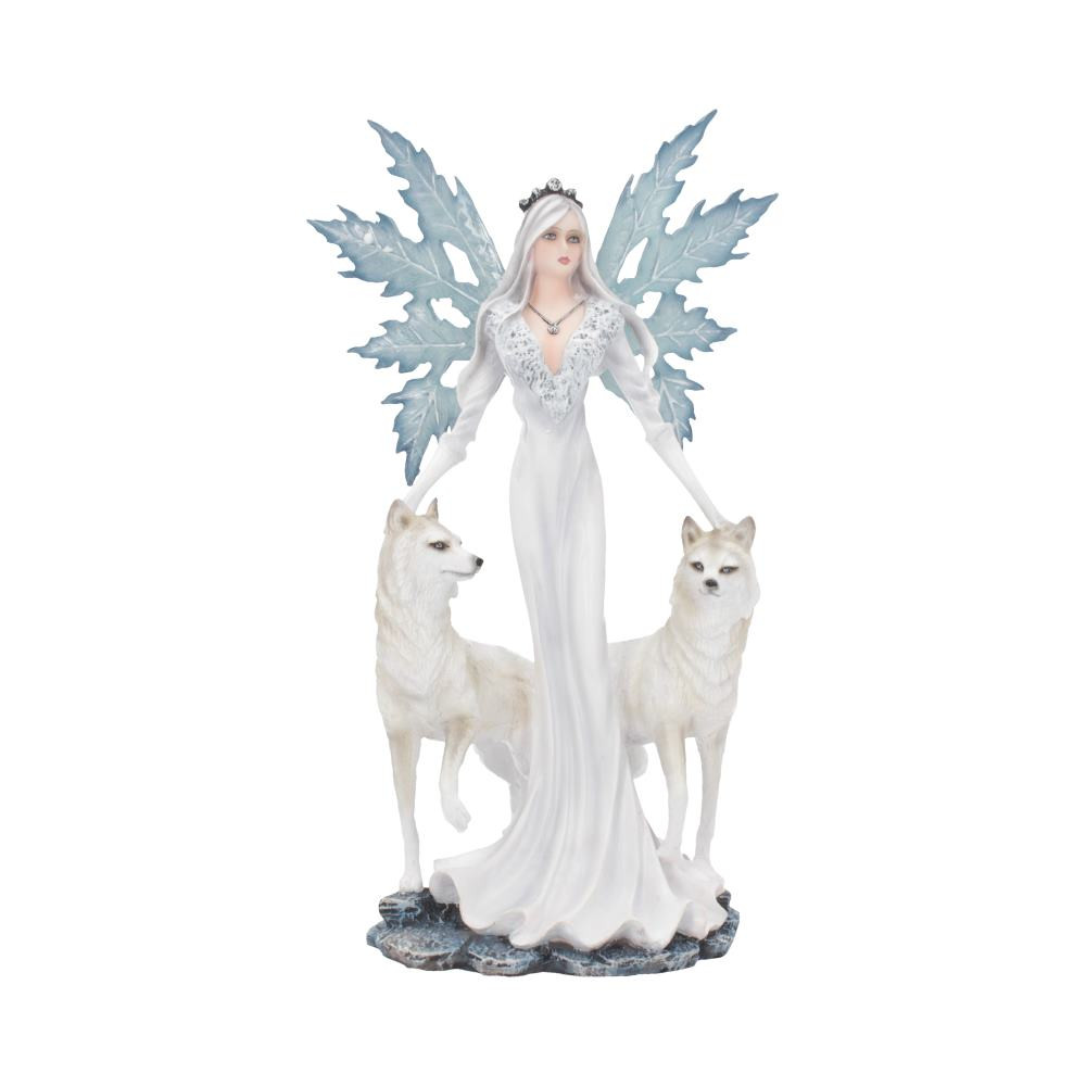 This beautiful Fairy figurine comes from alternative brand Nemesis Now. Standing proudly, this regal Fairy's long white dress flows down to the rocky floor, fur lining the neckline. A tiara encrusted with white diamonds sits atop her long white hair as she looks forward with royal disdain. Her icy blue wings stretch out behind her, the shape of frozen leaves covered in ice, as she places her hands on the heads of the two white wolves at her sides commandingly. Cast in the finest resin before being carefully hand-painted, this statuette is fitting for any queen of the winter.
