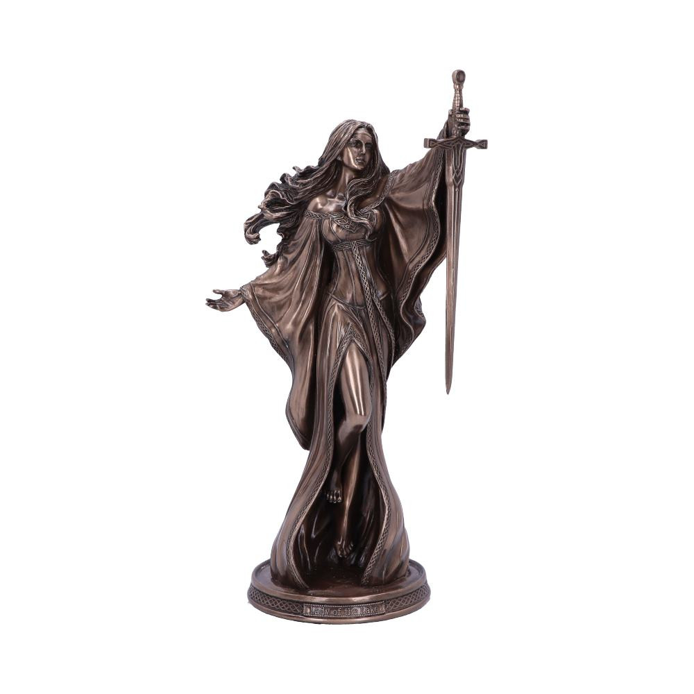From the enchanted imagination of world-famous Fantasy artist James Ryman, this enchanting bronze Fantasy figurine is from alternative brand Nemesis Now's giftware collection. Rising from the still waters of a mystical lake, this magical lady of Avalon holds aloft a magic sword, flowing locks of hair blowing in the breeze. Her long dress billows around her as her bare feet rise above the surface of the water. Around the base, a Celtic knot design is interrupted by the legend 'Lady of the Lake'. Cast in high-quality bronze resin before being carefully hand-painted, this fantastic Fantasy figurine is a great gift for any lover of Arthurian myth and legend.