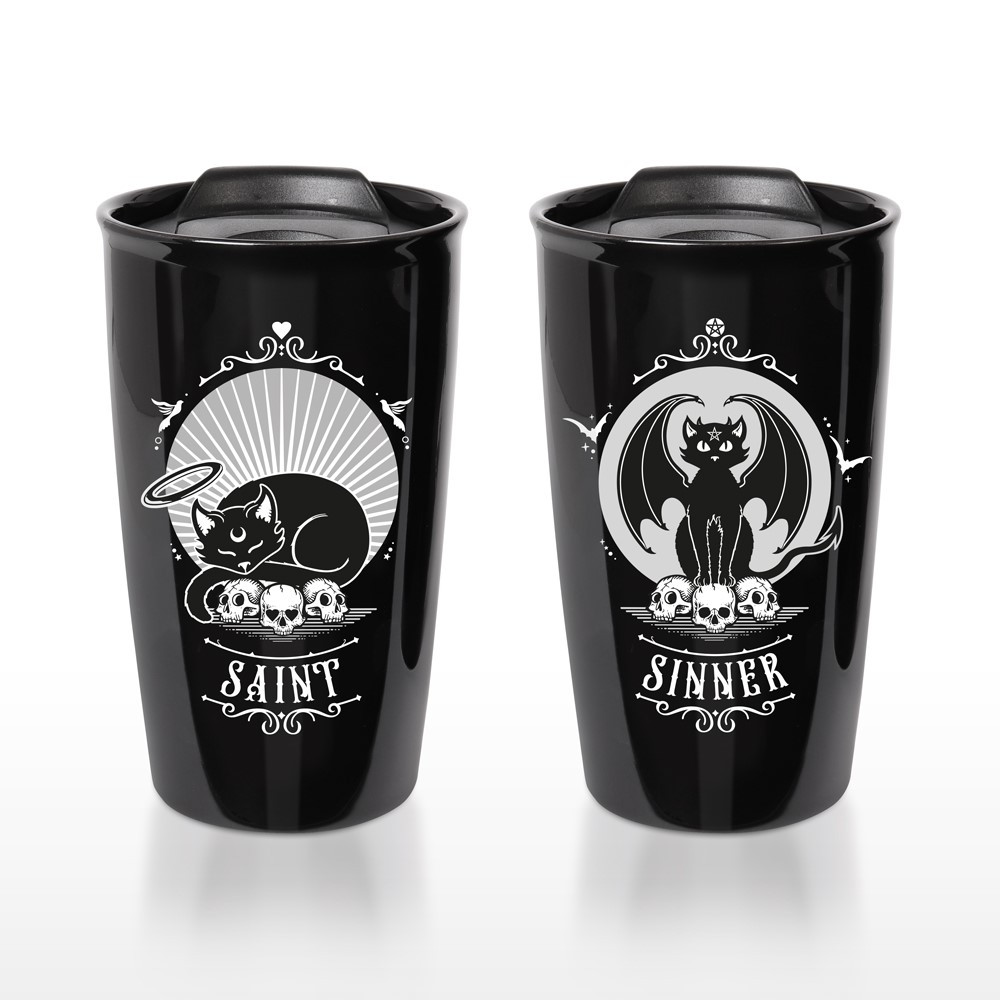 Saint or Sinner! You choose! One side is saint cat and on the other side is sinner cat! One day a sinner, turn the mug around and the next time your use your mug, you are a saint!