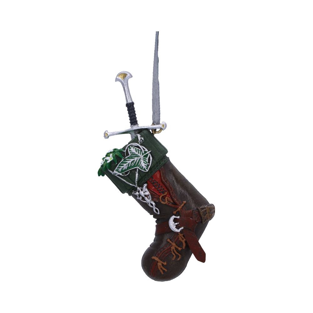 Travel the mystical worlds of Middle Earth with this officially licensed Lord of the Rings Aragorn™ Stocking Hanging Ornament. Inspired by Aragorn's™ brown leather battle attire, this hanging ornament also features the instantly recognisable Leaf of Lorien and Evenstar, alongside his Andúril sword which can be seen emerging from the stocking. Cast in the finest ‘Elvish’ resin before being expertly hand-painted, this exquisitely designed piece is the perfect addition to any Lord of the Rings collection.