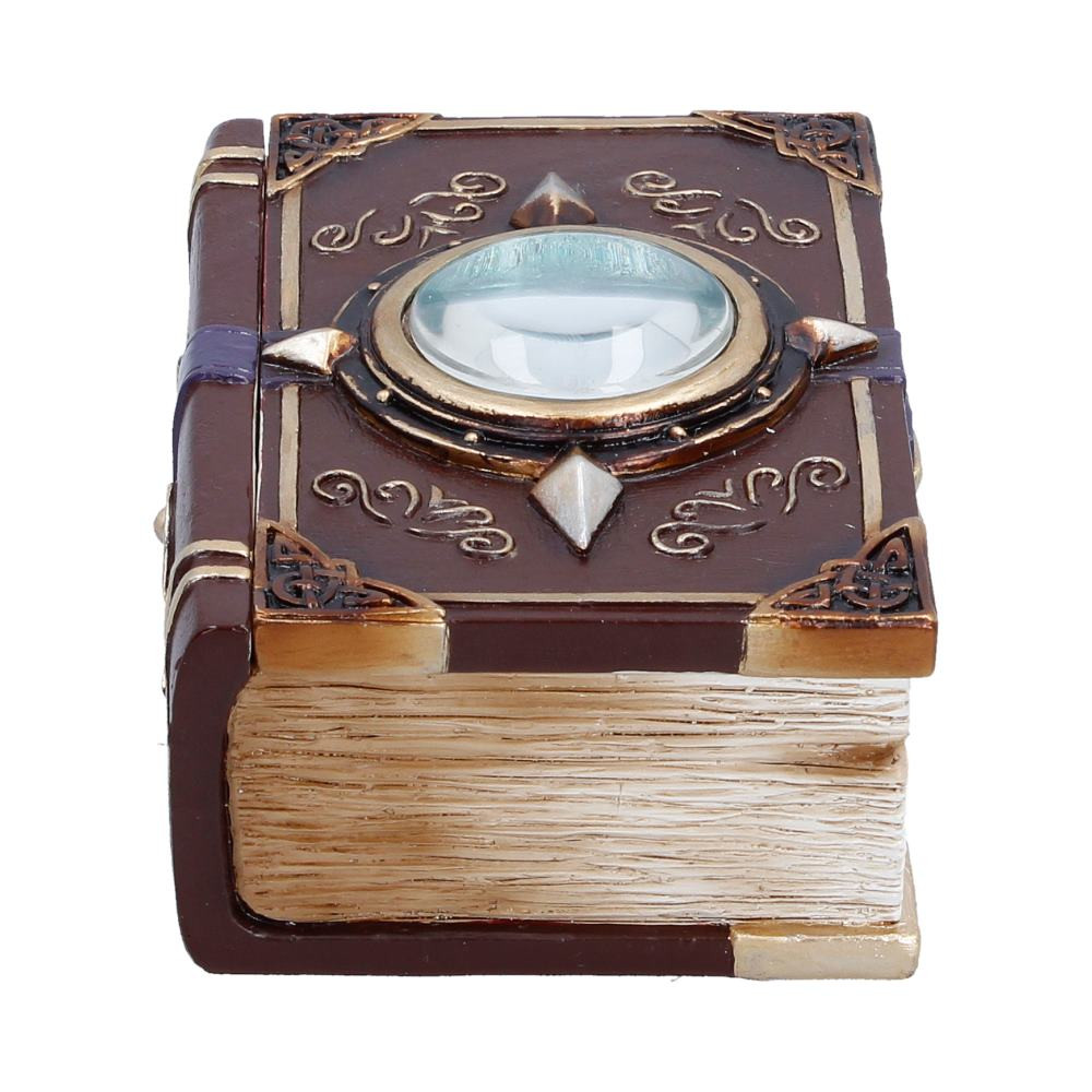 The Hidden Hoard Box is an originally designed decorative storage piece from Nemesis Now, styled to resemble an aged fantasy book. It features a compact design measuring 6.4cm tall and 12.5cm wide, with a removable lid and intricate fantasy details, including brown tones, swirling accents, aged paper effects, a purple buckle, and a large blue eye on the lid. Packaged to protect the hand-painted resin and detailed sculpting during transit. Perfect for fantasy enthusiasts, collectors and anyone who loves magical decor, this charming box is ideal for storing jewellery, trinkets or small treasures, adding a touch of whimsical magic to any space.