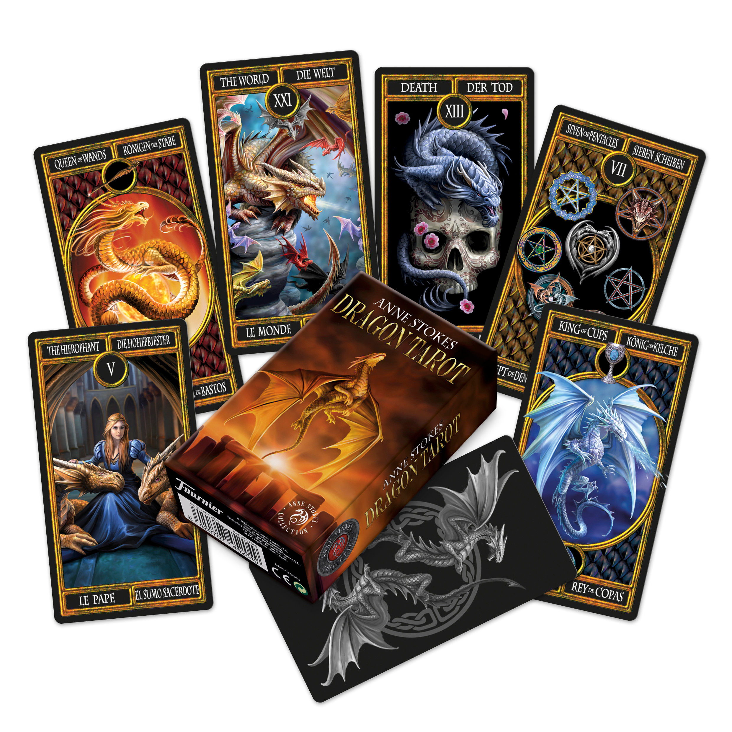 Find your fortune in the dark realm with these gothic tarot cards. From the mind of world-renowned fantasy artist Anne Stokes, these 78 fantastically detailed cards, showcase a selection of dragons from her extensive art work collection. With a detailed instruction leaflet showing how to perform basic and advanced readings, this tarot deck is fantastic for beginners and adepts alike.