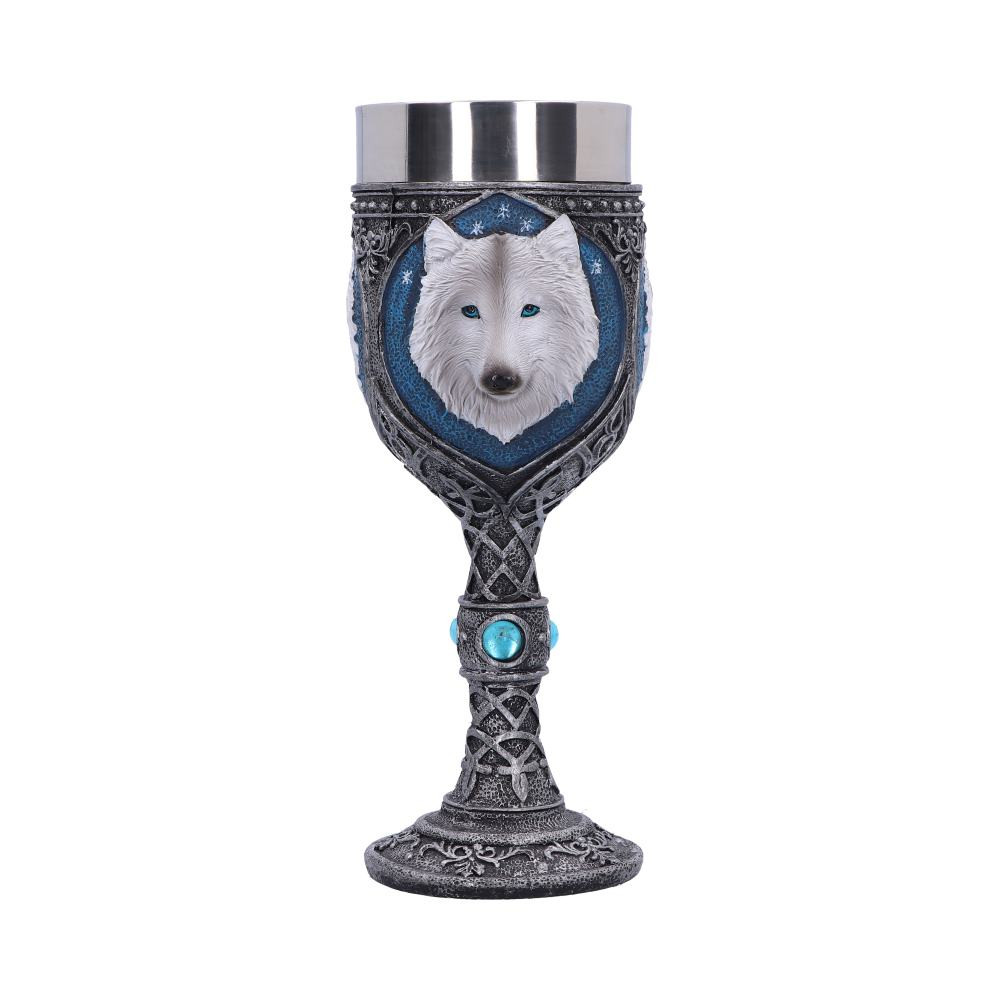 This Fantasy wolf goblet is cast in the finest resin before being lovingly hand-painted. The body of this piece is silver and covered in repeating Celtic knot patterns. The pattern is interrupted on the sides by a large blue oval, in the centre of which is a large white wolf's head, staring out with red eyes and preternatural wisdom. With a removable stainless steel insert for ease of cleaning, this chalice is perfect for those who feel the call of the wild with every swig.