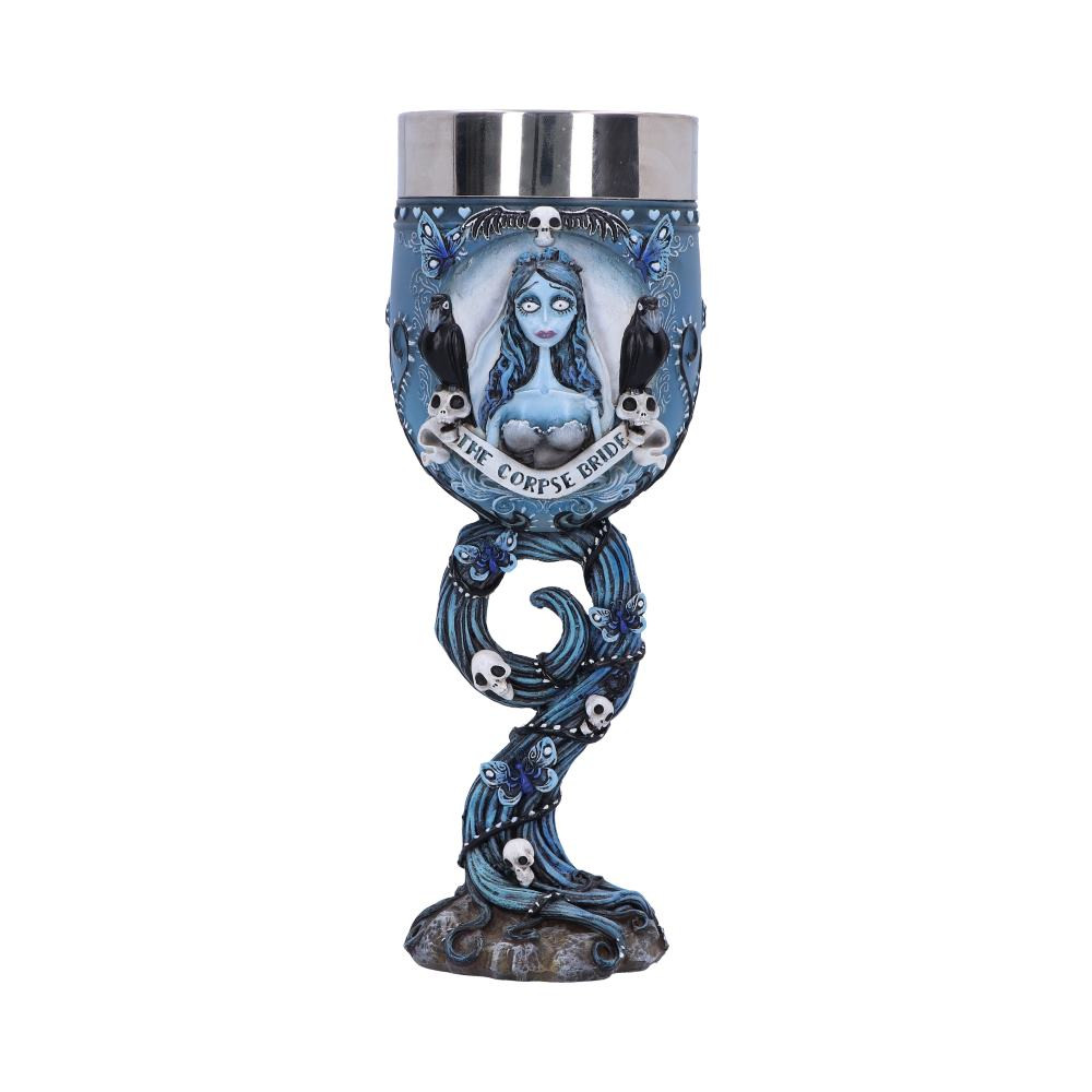 Discover the land of the dead with Nemesis Now’s Officially Licensed Corpse Bride Goblet. Between two crows, Emily, the Corpse Bride, emerges from the front of the goblet wearing her iconic torn wedding dress and veil. While on the back and amongst the winding upturned root, which acts as the stem of the goblet, are multiple blue butterflies and skulls. Cast in the finest resin before being delicately hand-painted, this piece is perfect for any lover of the classic Tim Burton movie.