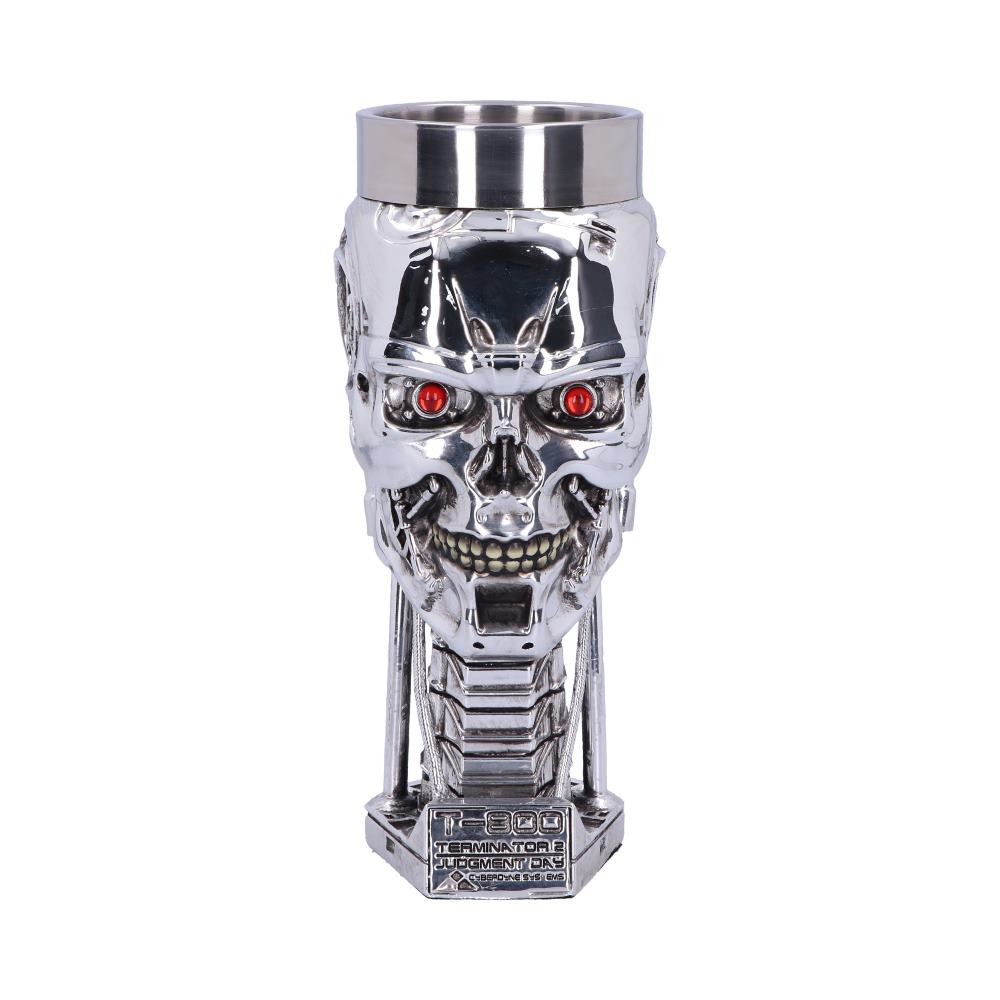 Sent back in time from the future, this officially licensed goblet was created by alternative brand Nemesis Now. This T-800 Terminator head has shed all human flesh, exposed hydraulics overlaid on a metallic skeletal structure that mocks humanity. Red eyes stare straight ahead unblinkingly. Cast in the finest resin before being carefully hand-painted, this features a removable stainless steel insert for ease of cleaning. The perfect way to keep your home safe from the android menace.