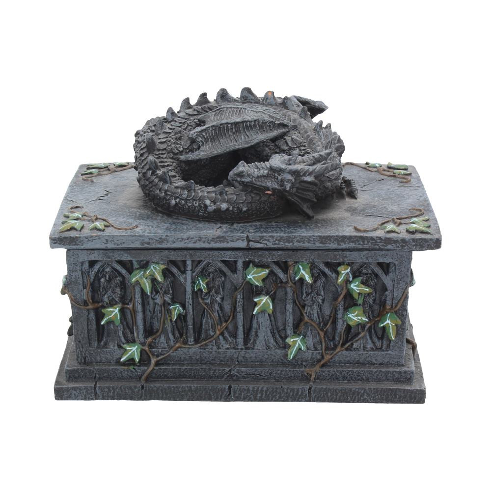 Keep your tools of prophecy safe in style with this draconic Tarot box from alternative brand Nemesis Now's giftware collection! Curled up on an obsidian altar, this young black Dragon sleeps contentedly, chin resting comfortably on their tail. Below them, the rectangular altar is carved with praying skeletons in long, flowing robes. Tendril of ivy creep up from the ground, slowly absorbing the altar back into the forest. Cast in the finest resin before being carefully hand-painted, why not pair this tarot box with one of your favourite decks?