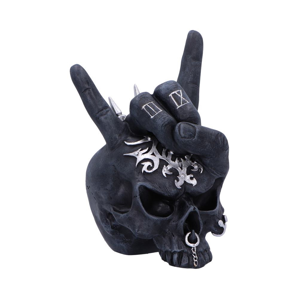 Unleash your inner rocker with the Horns Up skull! This hand-painted resin masterpiece boasts a striking black skull with a fierce expression, adorned with silver piercings and intricate tribal tattoos. A proud, tattooed hand rests on top, making a bold devil horns gesture that screams heavy metal. Whether you're looking to amp up your rock music collectibles or add a standout piece to your skull collection, the Horns Up skull is the ultimate tribute to the gods of rock. Perfect for any headbanger's home or as a gift for a fellow rock enthusiast.