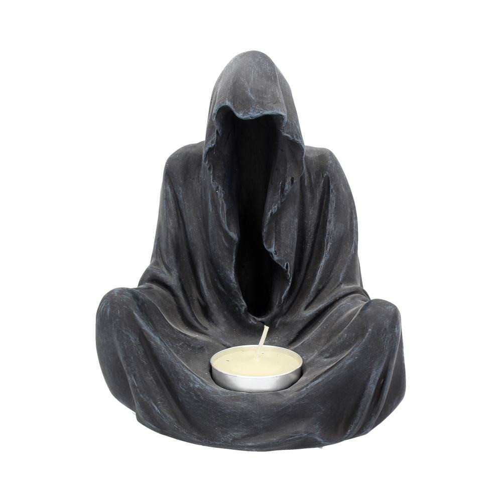 Sat on the ground, this Reaper rests silently. His black cloak drapes down, hiding his skeletal face, giving this figure a sinister aura. At the base of his cloak, a small tealight candle can be placed. Cast in the finest resin before being hand-painted, this piece would make a welcome addition to any Gothic home.