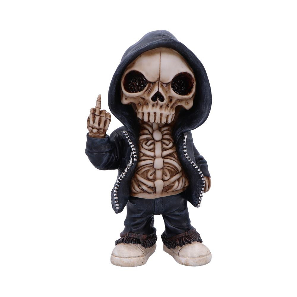 Flip the Bird – A Bold Statement of Rebellion and Street Art The Flip the Bird figurine is a striking piece that captures the defiant spirit of street art and rebellion. Depicting a skeleton in a hooded jacket, this figurine raises its middle finger in protest, making a bold statement of nonconformity. With one arm hanging casually and the other raised high in defiance, it embodies the essence of rebellion. Detailed anatomical features, including an open jacket that reveals the ribcage, enhance the lifelike yet fantastical design. Each bone and skeletal feature is meticulously hand-painted to create a vibrant, edgy piece. Packaged securely in a gift box, Flip the Bird is perfect for collectors of urban art, streetwear enthusiasts, and fans of alternative art. Its rebellious flair is sure to attract attention and spark conversation, making it an ideal addition to any collection or retail display.