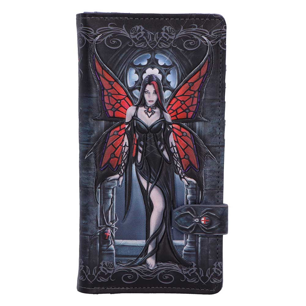The Aracnafaria embossed purse is a striking accessory featuring the haunting artwork of renowned fantasy artist Anne Stokes. Showcasing the mysterious fairy Aracnafaria, dressed in a flowing black gown with black and red wings inspired by the black widow spider, this purse is perfect for fans of dark fantasy. It features embossed detailing, a black widow spider stud closure, and spider patterns on the interior, all crafted from high-quality faux leather. Packaged in a protective polybag, it's ideal for gifting or collecting. Designed for lovers of gothic fashion and fantasy art, this unique purse adds an elegant edge to your everyday look.