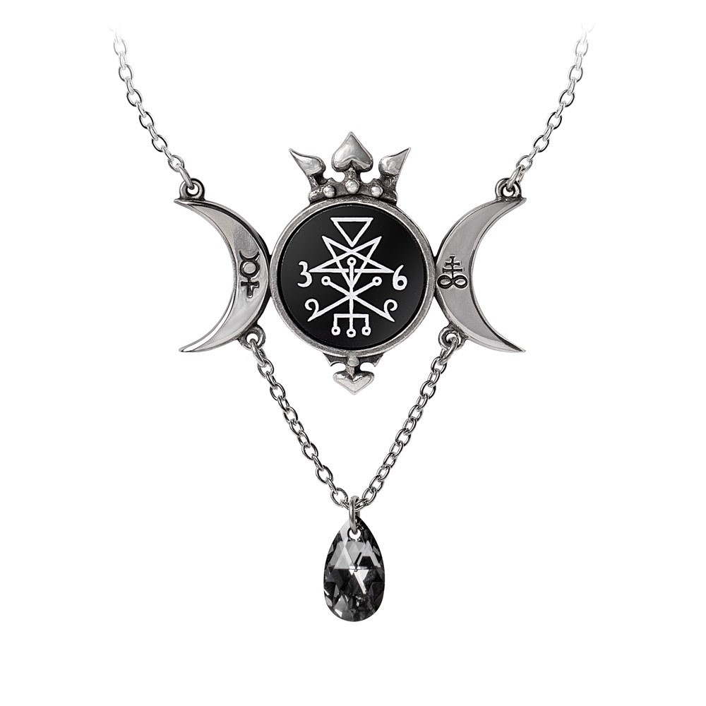 The crowned triple moon of the mother goddess endowed with the principle seal of Lilith upon the onyx disc, flanked by the alchemical sigils for mercury and sulphur.