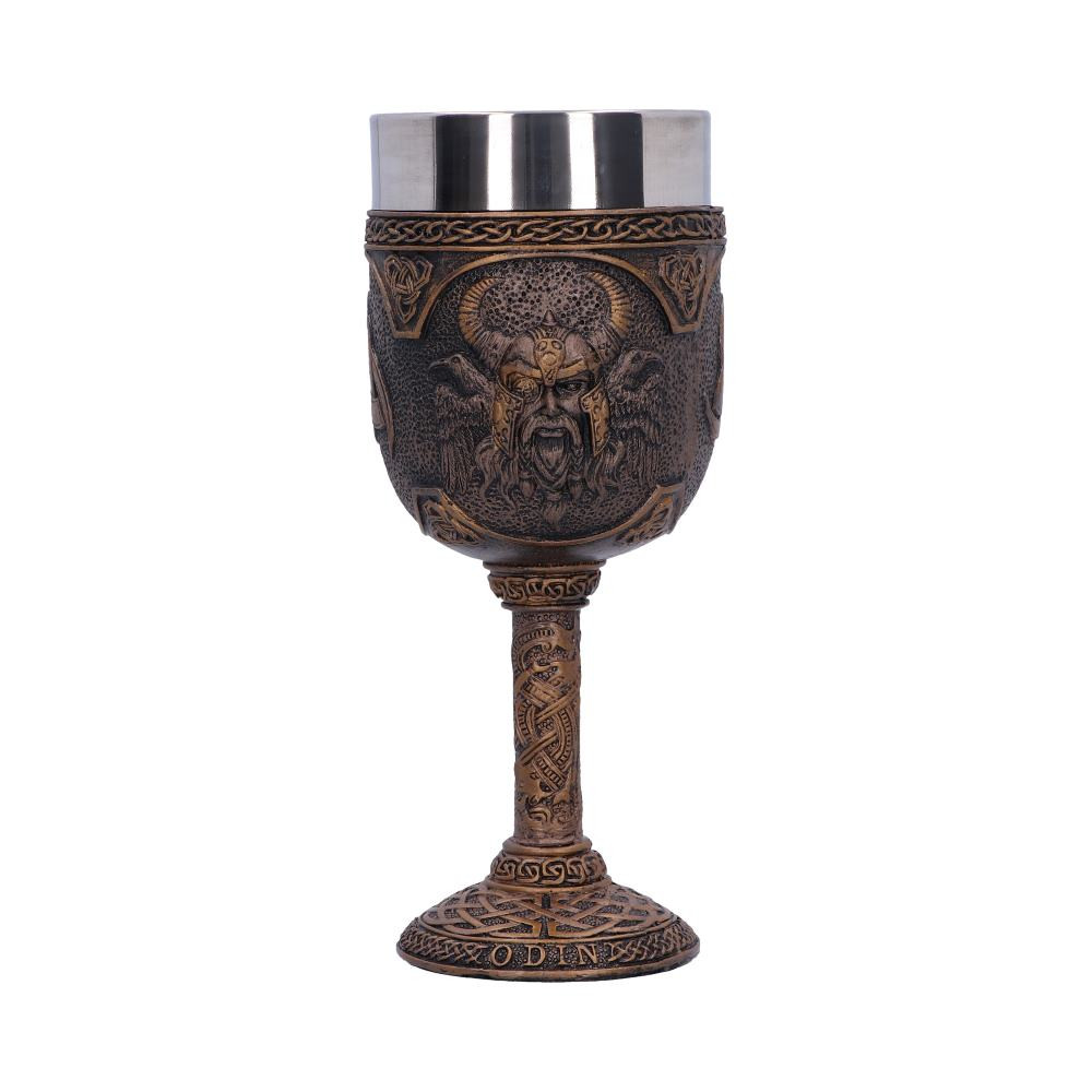 Toast to Asgard with this fantastic Norse God goblet from alternative brand Nemesis Now's giftware collection. Rising from a base emblazoned with the name 'Odin' and encircled with Nordic runes and patterns, the stem of this goblet is bronzed, and covered in an elaborate Dragon pattern. The cup mirrors the runes of the base and features a raised portrait of Norse God Odin, flanked by his avian messengers. Cast in the finest resin before being painstakingly hand-painted, and with a removable stainless steel insert for ease of cleaning, this goblet is perfect for drinking to the Norse Gods of Old.