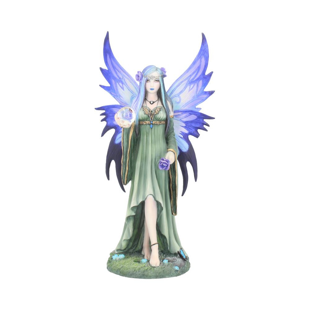 From the enchanted imagination of world-famous Gothic and Fantasy artist Anne Stokes, this fantastic Fairy figurine is from Fantasy brand Nemesis Now's giftware collection. Barefoot on a forest floor as she slowly walks forwards, this Fairy's long green dress hangs down to the floor, trimmed with gold. In her left hand she holds a purple rose, matching her delicate purple wings that are outstretched behind her, and in her right she has a crystal ball. Blue butterflies fly about her, one settling on the crystal, and a delicate gold chain sits above her hair, holding a pentagram on her forehead. More purple roses sit in her long blue hair as she holds your gaze, calm and unafraid. Cast in top-quality resin before being expertly hand-painted, this enchanting figurine radiates an aura of calm and magic.