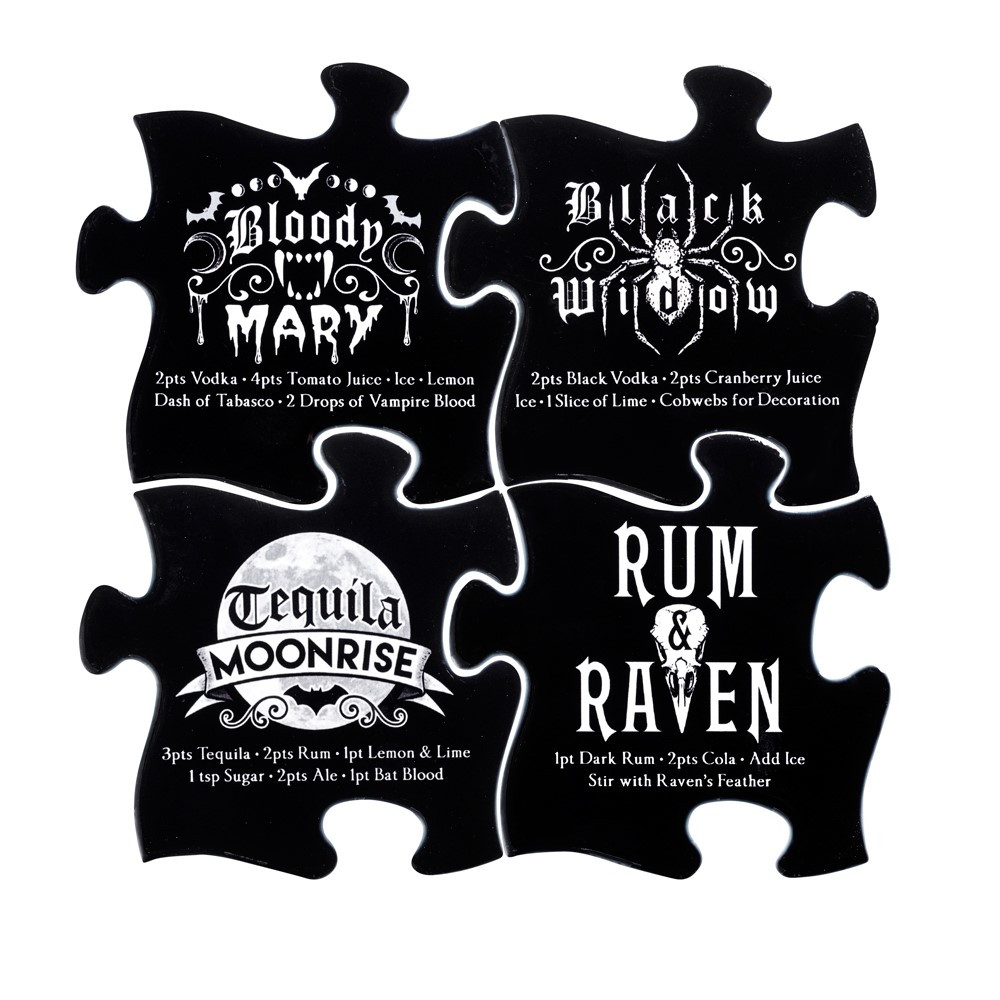 This fantastic 4 piece jigsaw coaster set is designed with the perfect goth or Halloween party in mind. Why not try out the unique cocktail recipes but perhaps not all in one night! These coasters will look fabulous in your own party pad or will make the most unique gift for your cocktail loving friends. Gothic cocktail recipes included are: Rum & Raven, Black Widow, Tequila Moonrise & Bloody Mary. Disclaimer: Gothic cocktail recipes are NOT for under 18's.
