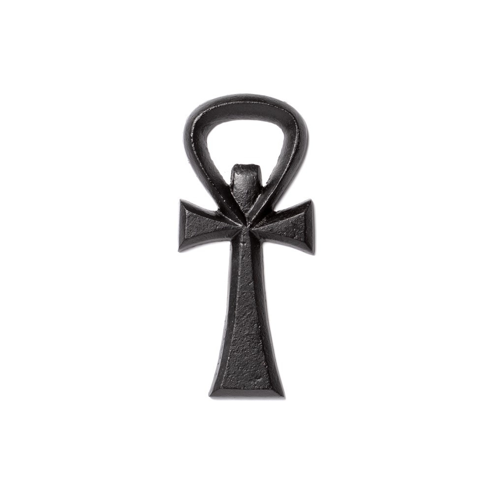 The ancient Egyptian hieroglyph signifying immortality and reincarnation a cross surmounted by a loop symbolising the path of the sun as it crosses the horizon and known in Latin as a crux ansata (ansate, or handle-shaped, cross). As a vivifying talisman, the ankh is held or offered by gods and pharaohs.